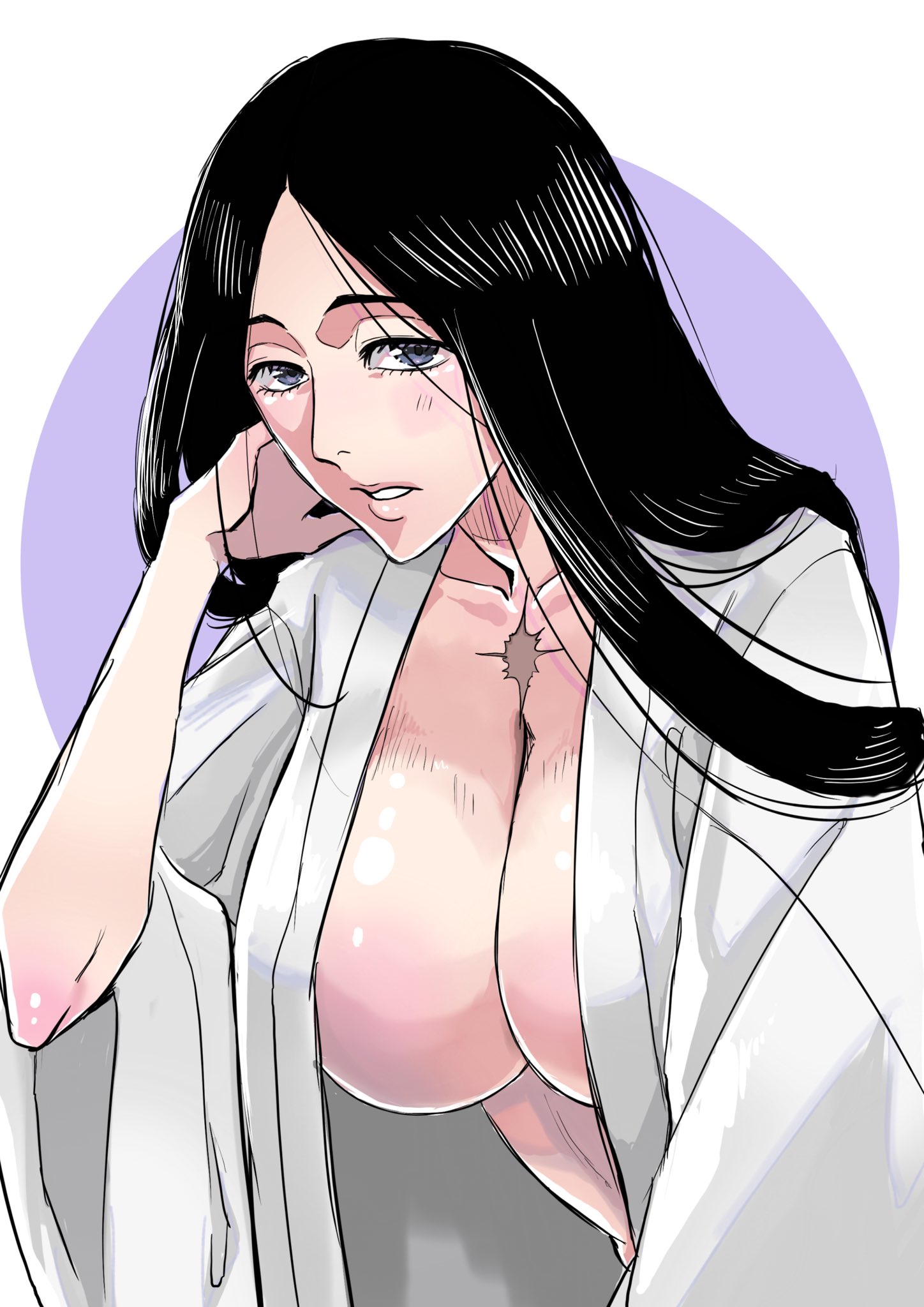 1girls, 2d, anno im, big breasts, black hair, bleach, blue eyes, breasts, busty, cleavage, female, female only, huge breasts, large breasts, light skin, light-skinned female, long hair, looking at viewer, mature, mature female, no bra, scar, solo, unohana retsu