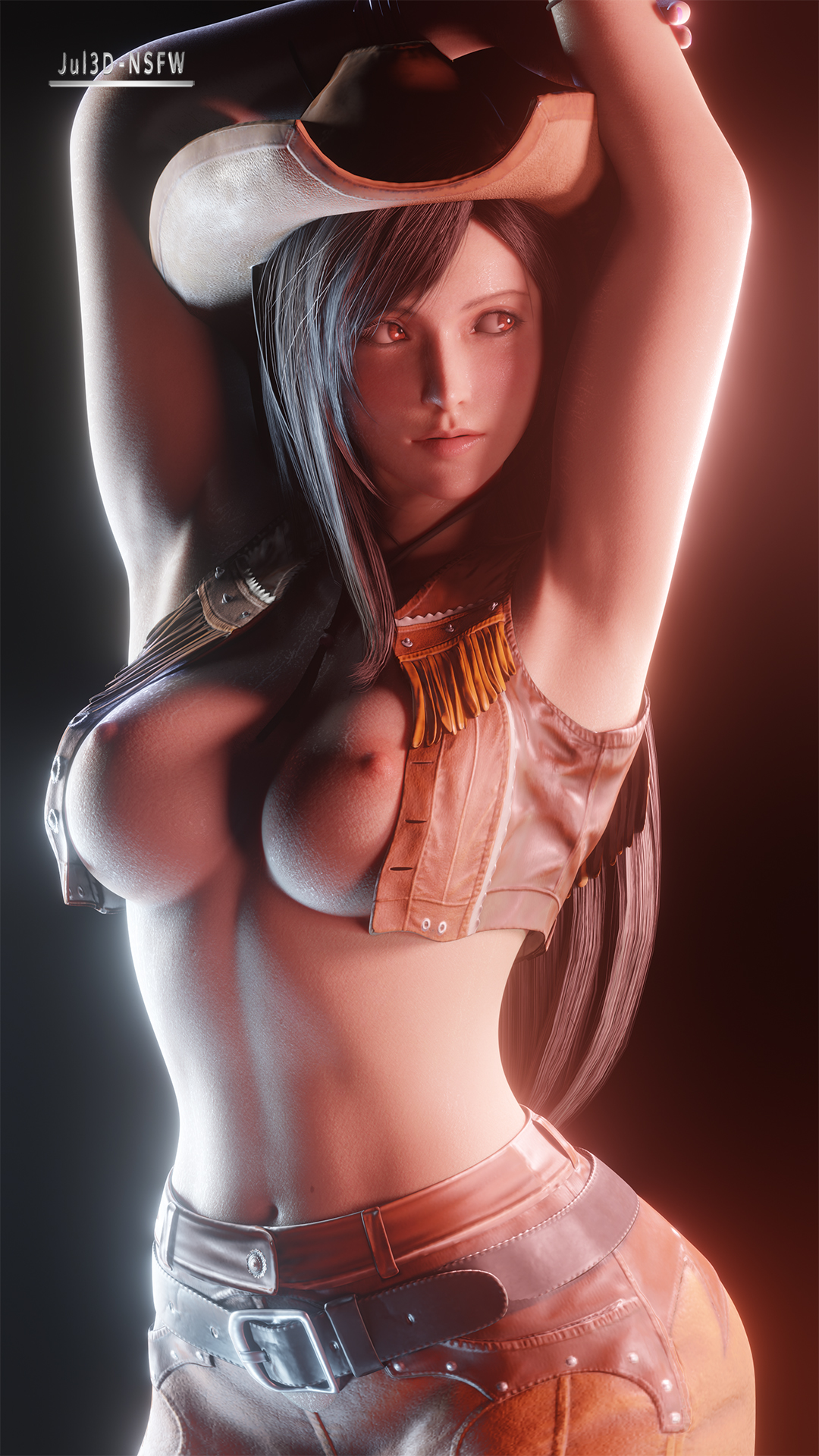 1girls, 3d, arms behind head, big breasts, black hair, blender, breasts, busty, cowboy hat, cowgirl, cowgirl outfit, female, final fantasy, final fantasy vii, final fantasy vii remake, jul3dnsfw, large breasts, long hair, navel, open clothes, pose, posing, red eyes, red light, sensual, sexy armpits, solo, solo female, square enix, tagme, tifa lockhart, toned, toned female, topless, uncensored
