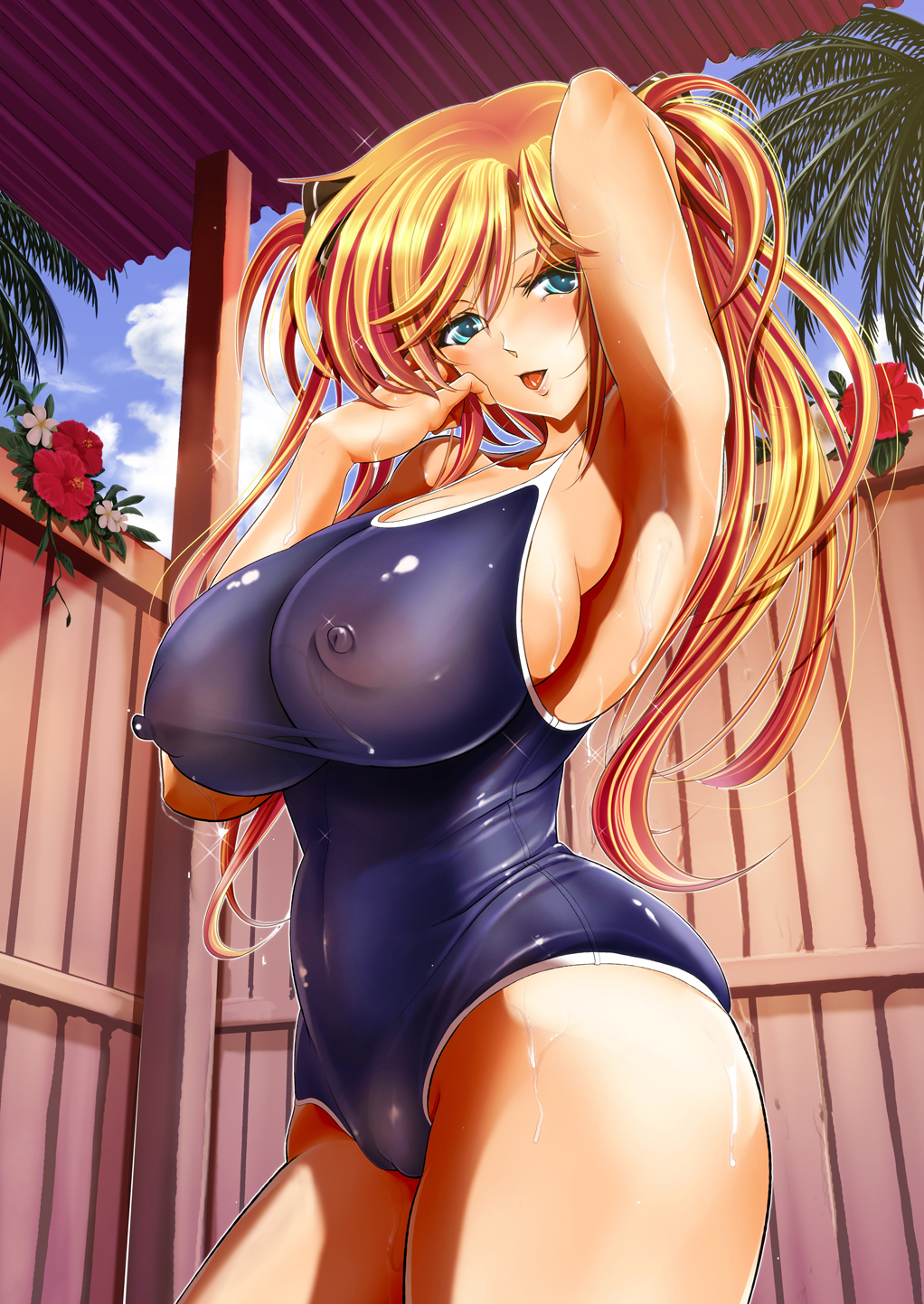 1girls, bare shoulders, big breasts, blonde hair, blue eyes, blush, breasts, busty, cleavage, curvy, day, detailed background, erect nipple, erect nipples, female, female only, flower, front view, hourglass figure, human, kawaraya a-ta, long hair, looking at viewer, nipple bulge, nipples, one-piece swimsuit, open mouth, original character, outdoors, outside, pose, posing, see-through, shiny, shiny skin, solo, swimsuit, tongue, tongue out, voluptuous, wet, wide hips, yellow hair