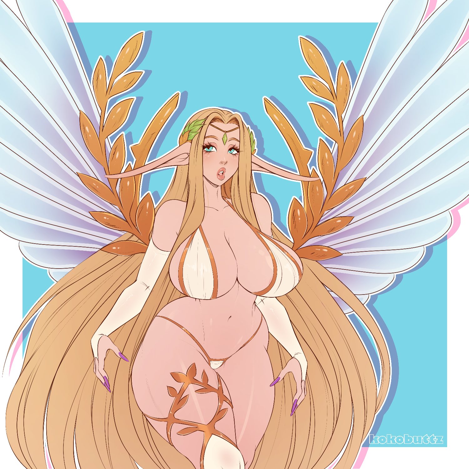 1girls, 2022, big breasts, blonde hair, blue eyes, breasts, cerestia of life, elf, elf ears, elf female, female, female only, hi res, kokobuttz, last origin, long ears, long hair, looking at viewer, solo, thick thighs, very long ears, very long hair, wide hips