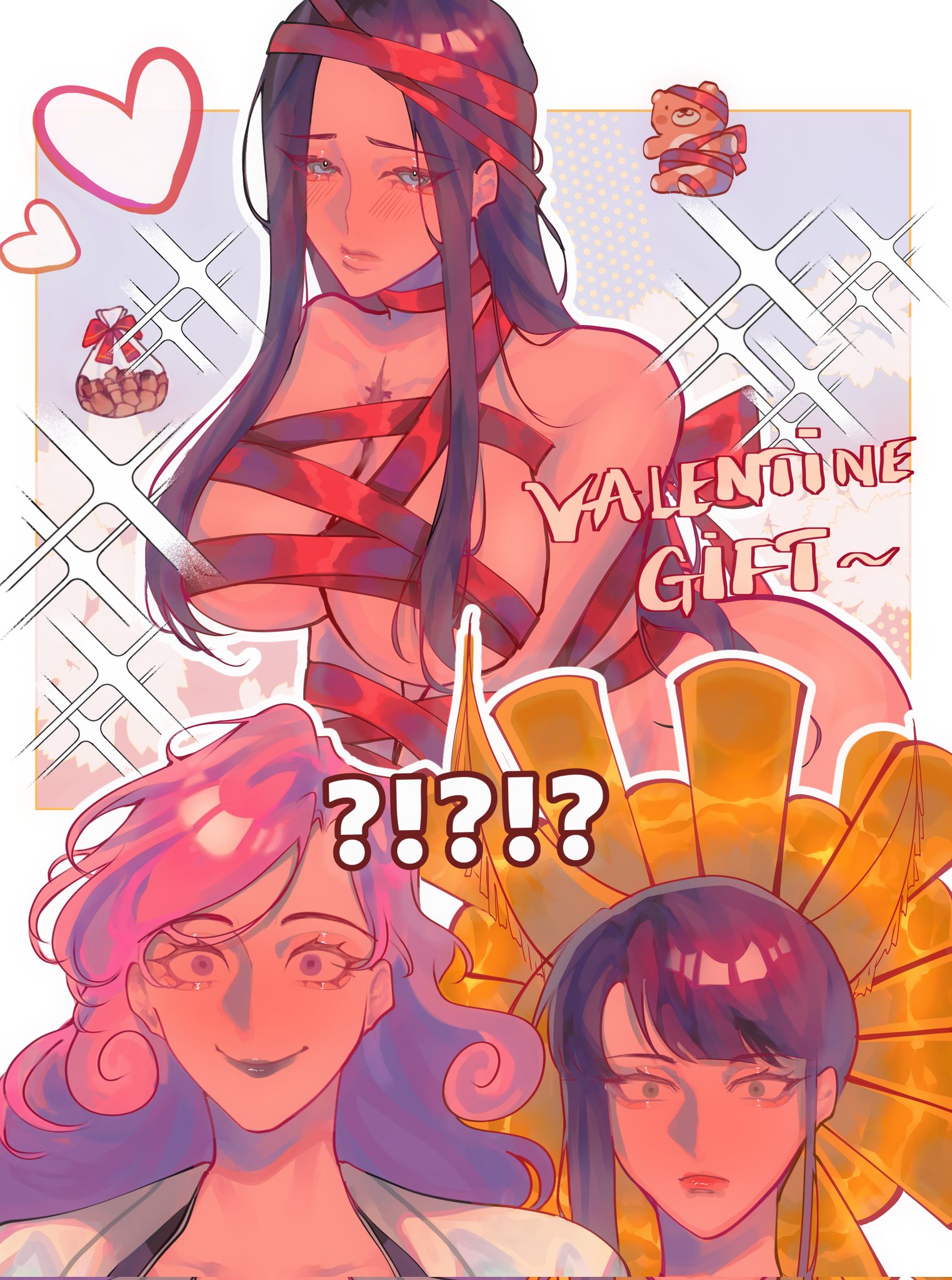 3girls, artist request, black hair, bleach, chocolate, dlovesespresso, female, hikifune kirio, implied yuri, milf, pink hair, shutara senjumaru, unohana retsu, valentine's day, yuri