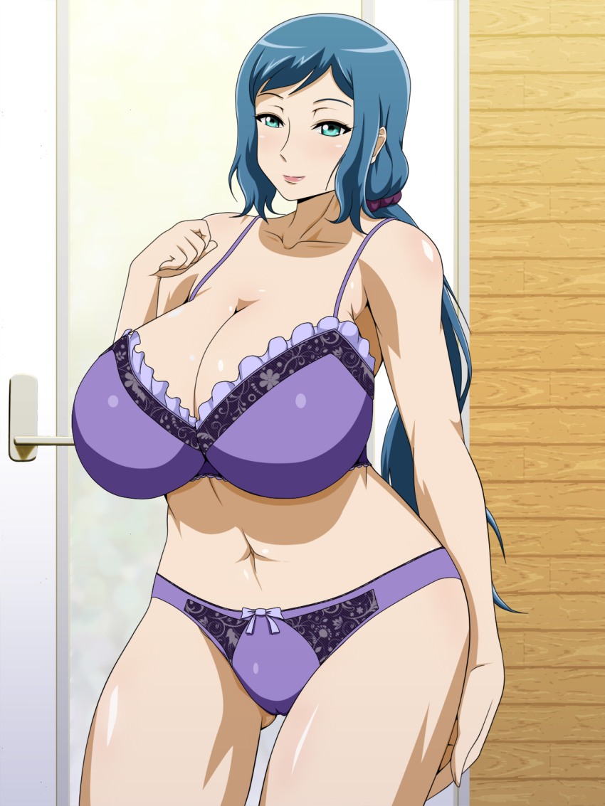 1girls arms ass_visible_through_thighs bare_arms bare_shoulders big_breasts blue_hair bow_panties bra breasts busty clavicle cleavage curvy female green_eyes gundam gundam_build_fighters hairband huge_breasts iori_rinko large_breasts looking_at_viewer milf navel purple_panties seductive shoulders smirk solo standing teasing towel underwear underwear_only vermilion voluptuous wide_hips