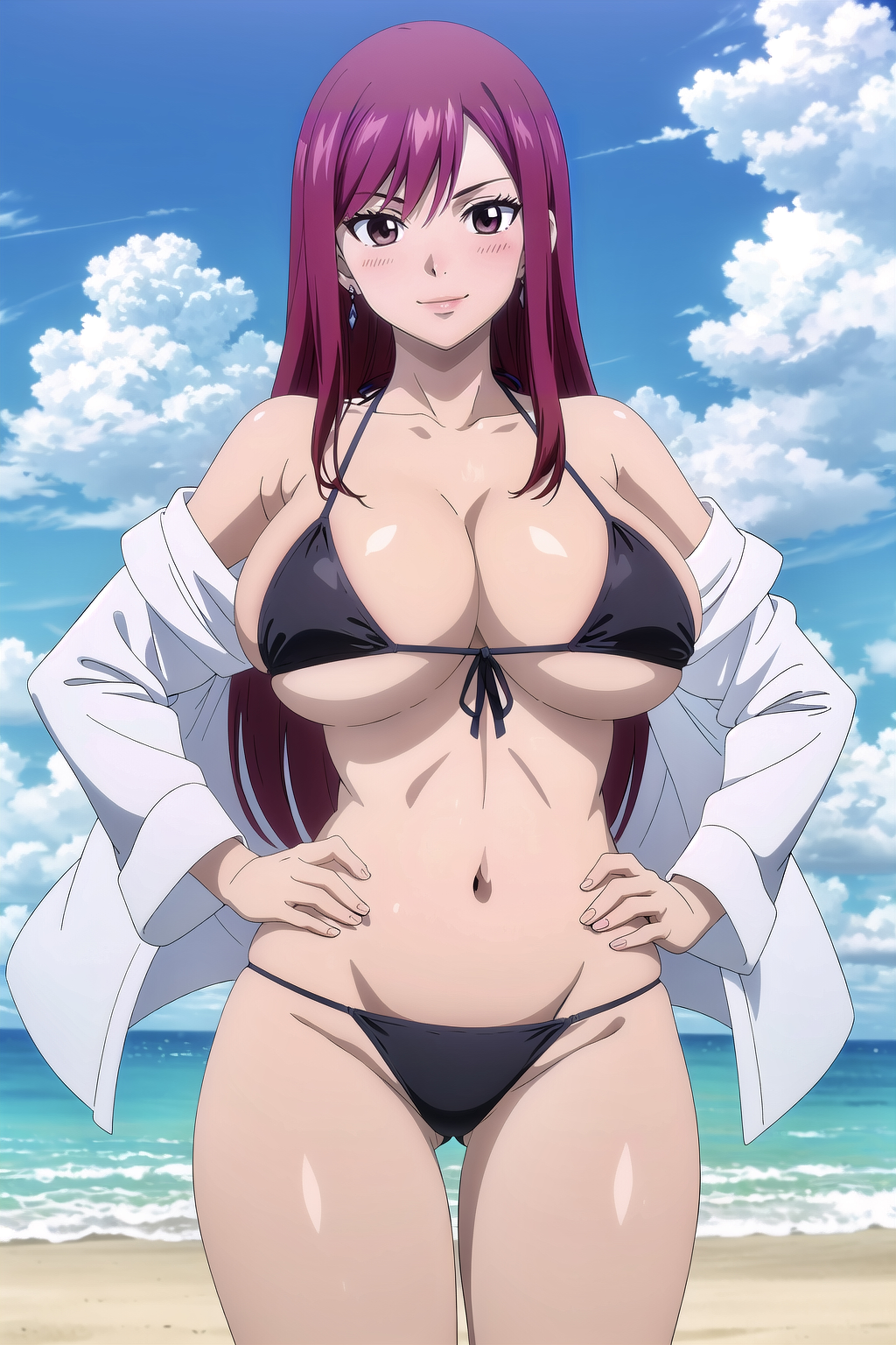 1girls, ai generated, ass, breasts, erza scarlet, fairy tail, female, nipples, nude, red hair, red-haired female