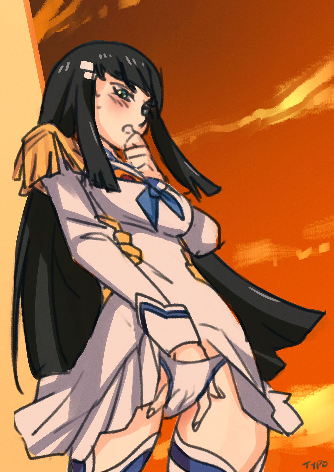 black hair, blue eyes, blush, boots, breasts, clothed masturbation, clothing, commission, cowboy shot, dress, epaulettes, eyebrows visible through hair, female, fingering, hair ornament, hairclip, hand in own panties, hand in panties, highres, junketsu, kill la kill, kiryuuin satsuki, long hair, masturbation, medium breasts, optionaltypo, panties, sketch, solo, standing, standing masturbation, studio trigger, thick eyebrows, thigh boots, thighhighs, typo (requiemdusk), underwear, white dress, white footwear, white panties