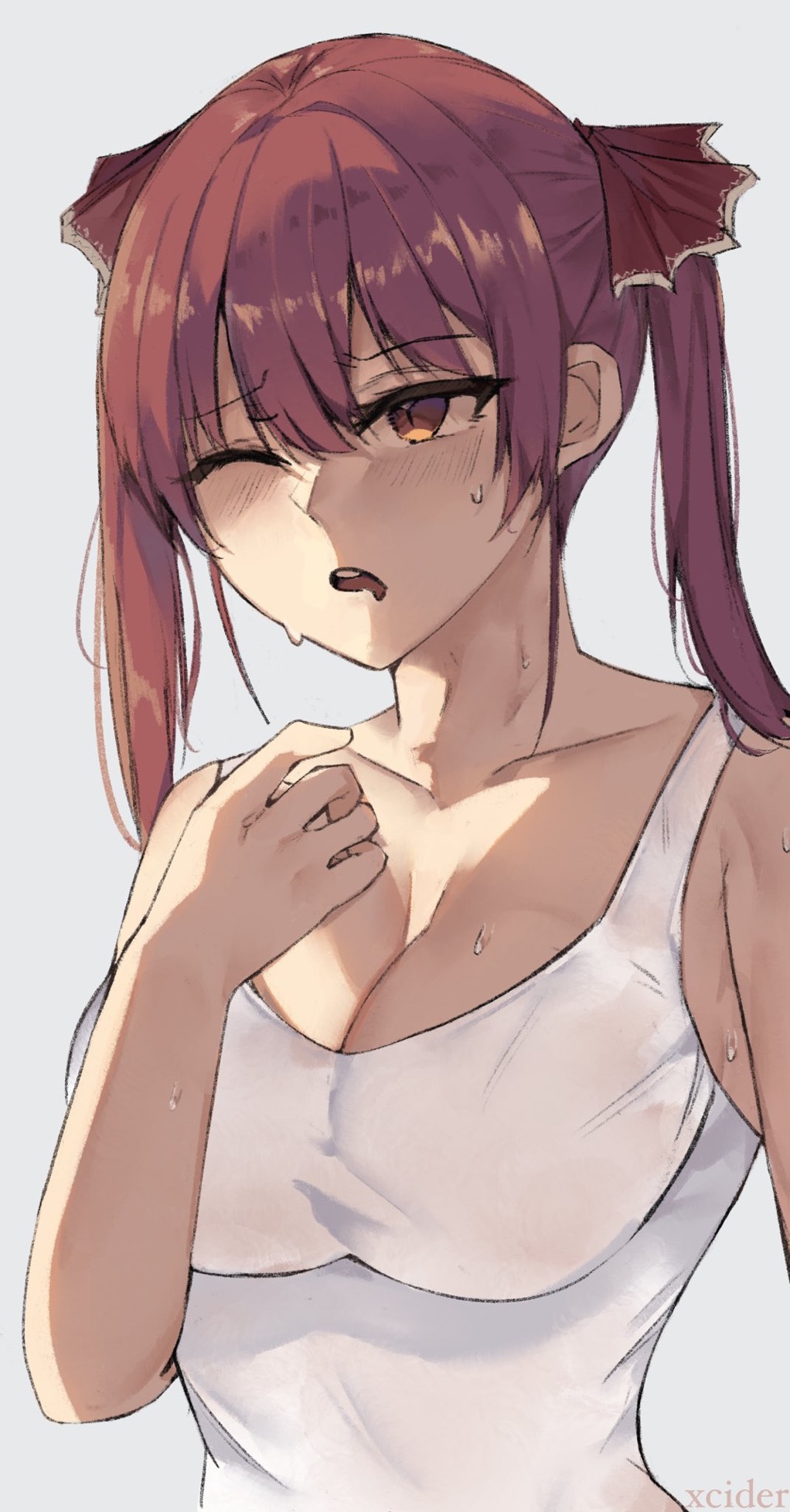 1girls, big breasts, breasts, collarbone, female, hololive, hololive fantasy, hololive japan, houshou marine, nabibutter, nabisco, one eye closed, sweat, sweatdrop, sweating, tank top, tired, virtual youtuber, vtuber, xcider