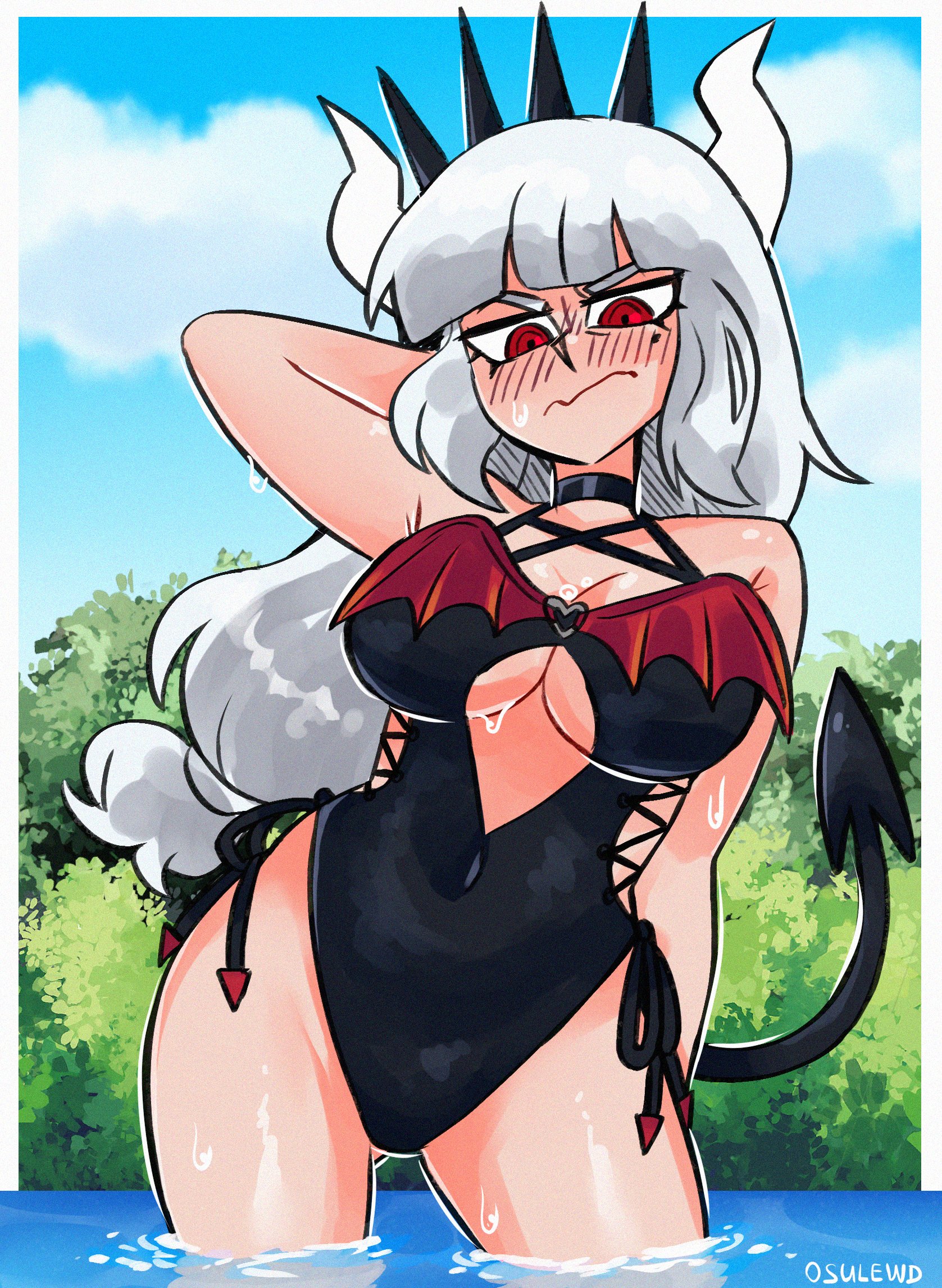 1girls, 2025, blush, breasts, cleavage, demon, demon girl, demon horns, demon tail, female, helltaker, long hair, lucifer (helltaker), mole, mole under eye, navel, one arm up, osulan, outdoors, red eyes, standing, swimsuit, tagme, thighs, watermark, wavy mouth, wet, white hair
