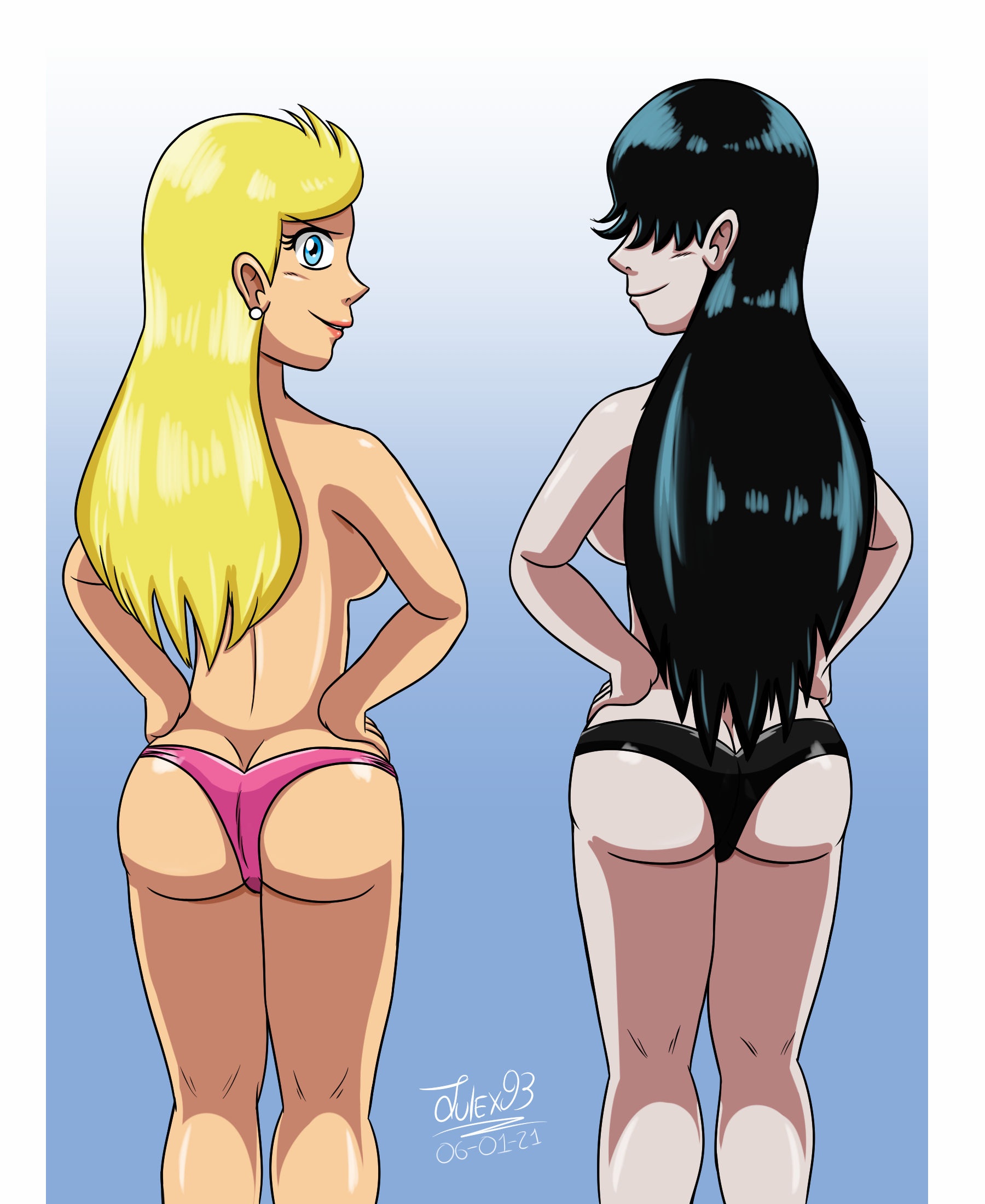 2021, 2girls, aged up, ass, ass cleavage, ass crack, bangs, big ass, big breasts, big butt, black hair, black panties, blonde hair, blue eyes, bra removed, breasts, bubble ass, bubble butt, butt crack, duo, female, female only, goth, goth girl, grey skin, hair over eyes, hands on hips, julex93, lola loud, long hair, looking back, lucy loud, nickelodeon, older, panties, pink panties, pussy, siblings, sisters, smile, straight hair, the loud house, thighs, topless, topless female