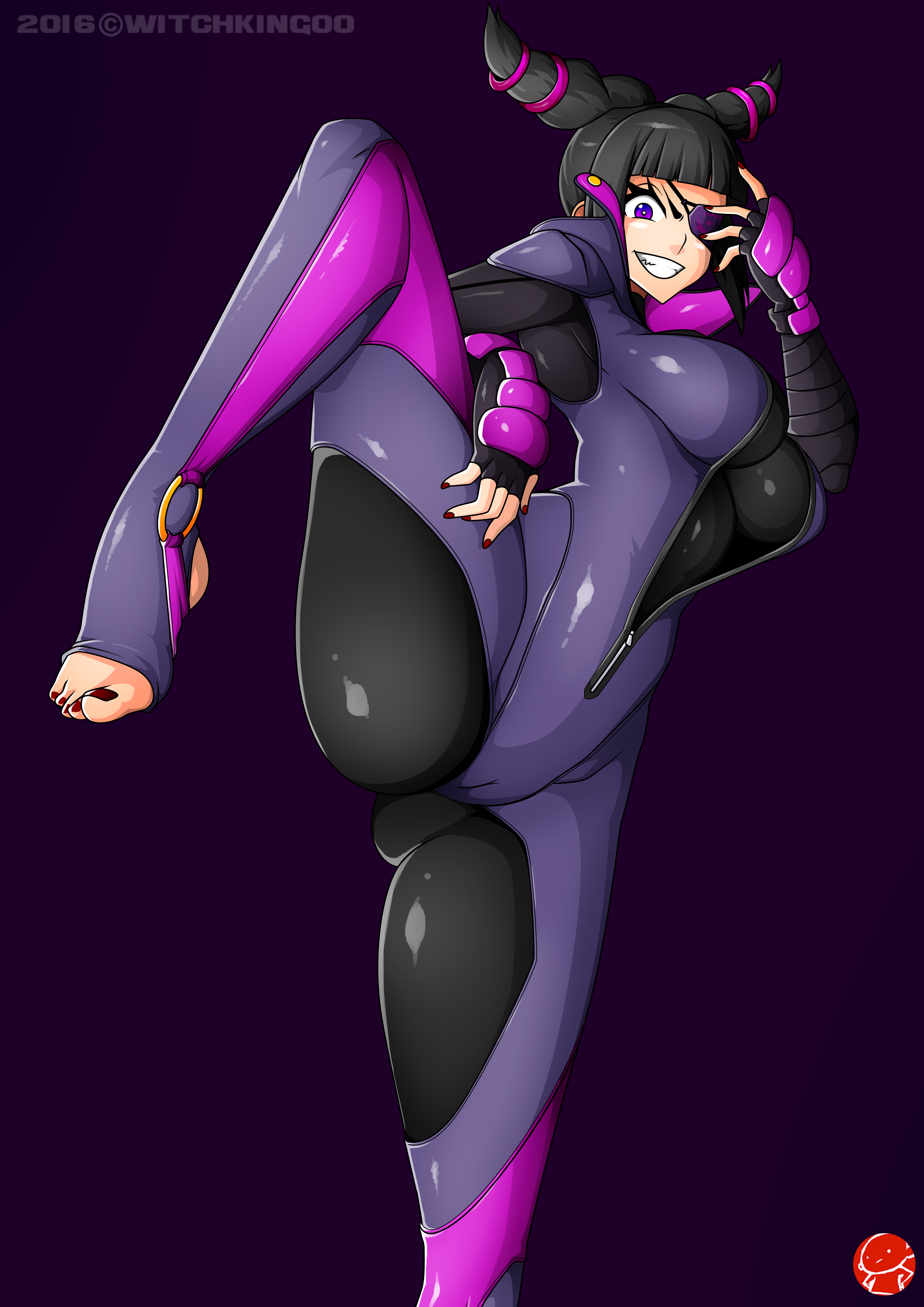 1girls, 2016, absurdres, artist name, ass, bangs, big feet, black hair, bodysuit, breasts, cameltoe, capcom, clothed, curvy, dated, drill hair, eye patch, eyelashes, feet, female, female only, fingerless gloves, front view, fully clothed, gloves, highres, huge feet, human, juri han, large breasts, looking at viewer, nail polish, on one leg, painted nails, purple background, purple eyes, pussy, red nails, red toenails, sidelocks, simple background, smile, solo, spread legs, standing, stirrup socks, street fighter, street fighter v, toeless legwear, toenail polish, toes, twin drills, witchking00