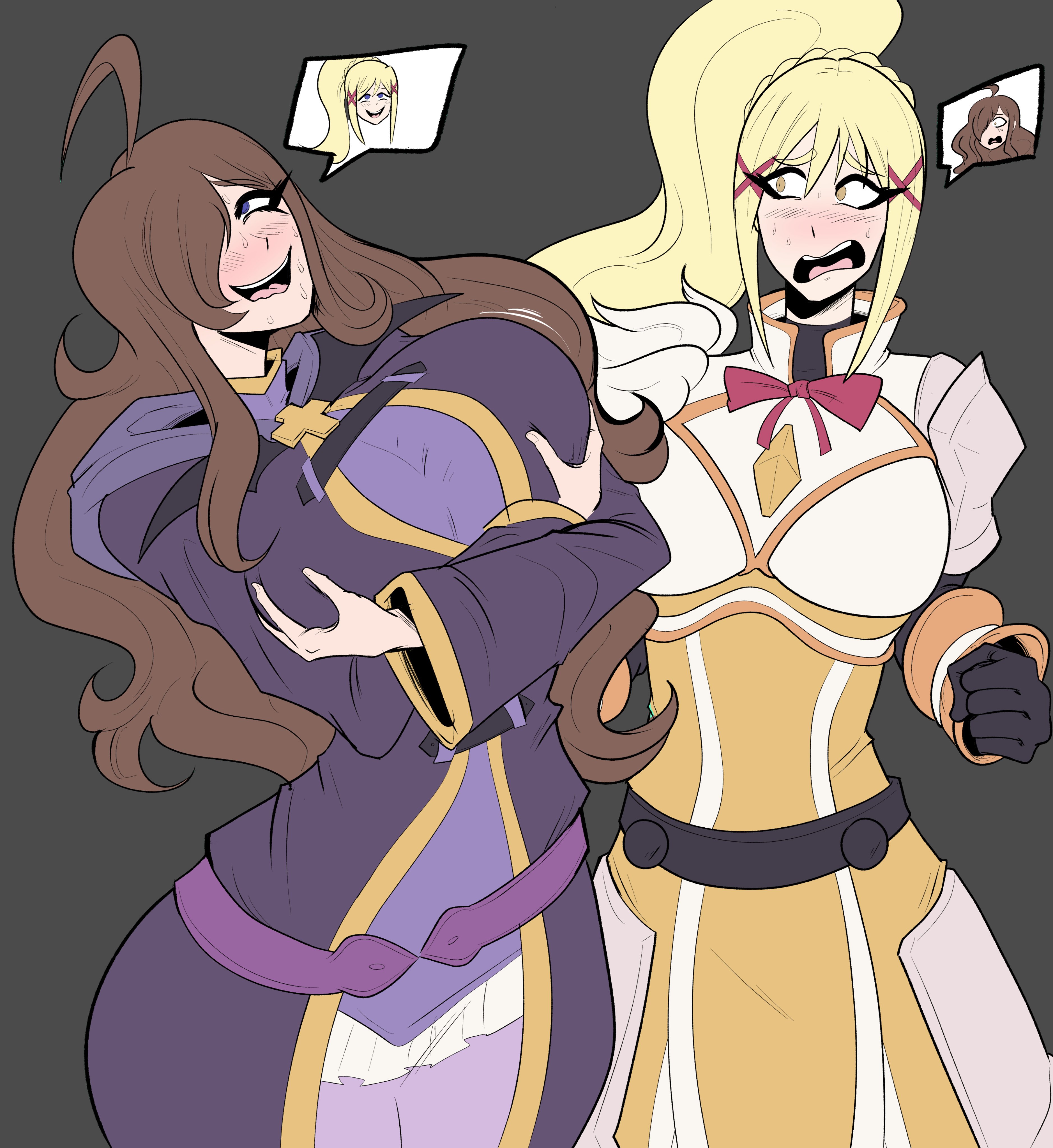2girls, aroused, blush, body swap, breasts, comic page, darkness (konosuba), enormous breasts, female, fondling, huge breasts, kono subarashii sekai ni shukufuku wo!, possession, tight clothing, verteeg, wiz (konosuba)