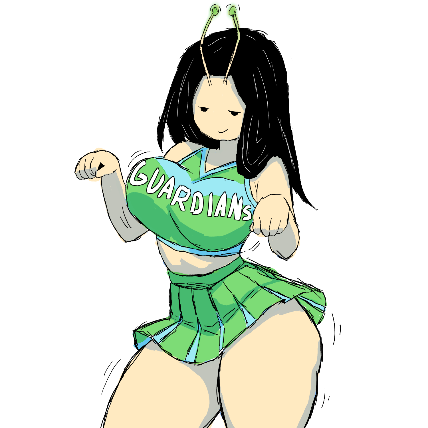 2025, alien girl, alien humanoid, antennae, antennae (anatomy), bighugelarge1, black hair, bouncing breasts, breasts, cheerleader outfit, cheerleader uniform, female, female only, fully clothed, guardians of the galaxy, hips, light skin, light-skinned female, mantis (marvel), marvel, marvel cinematic universe, marvel comics, midriff peek, miniskirt, nya pose, skirt, thighs