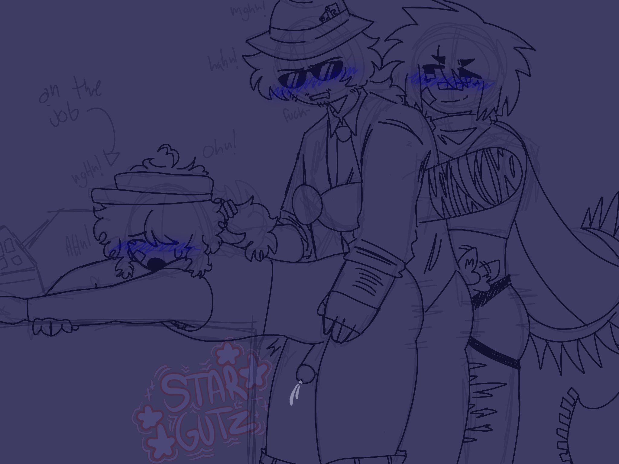 > <, 1boy, 2others, ambiguous gender, anal, anal sex, bandage, bandage on face, bandage on nose, blue blush, blush, chance (forsaken), closed eyes, cum, cumming, elliot (forsaken), elliot (work at a pizza place), forsaken (roblox), from behind, from behind position, gay, glasses, hat, headwear, laying down, male, open mouth, roblox, roblox game, robloxian, stargutz69, strap-on, strapon, tail, threesome, trio, two time
