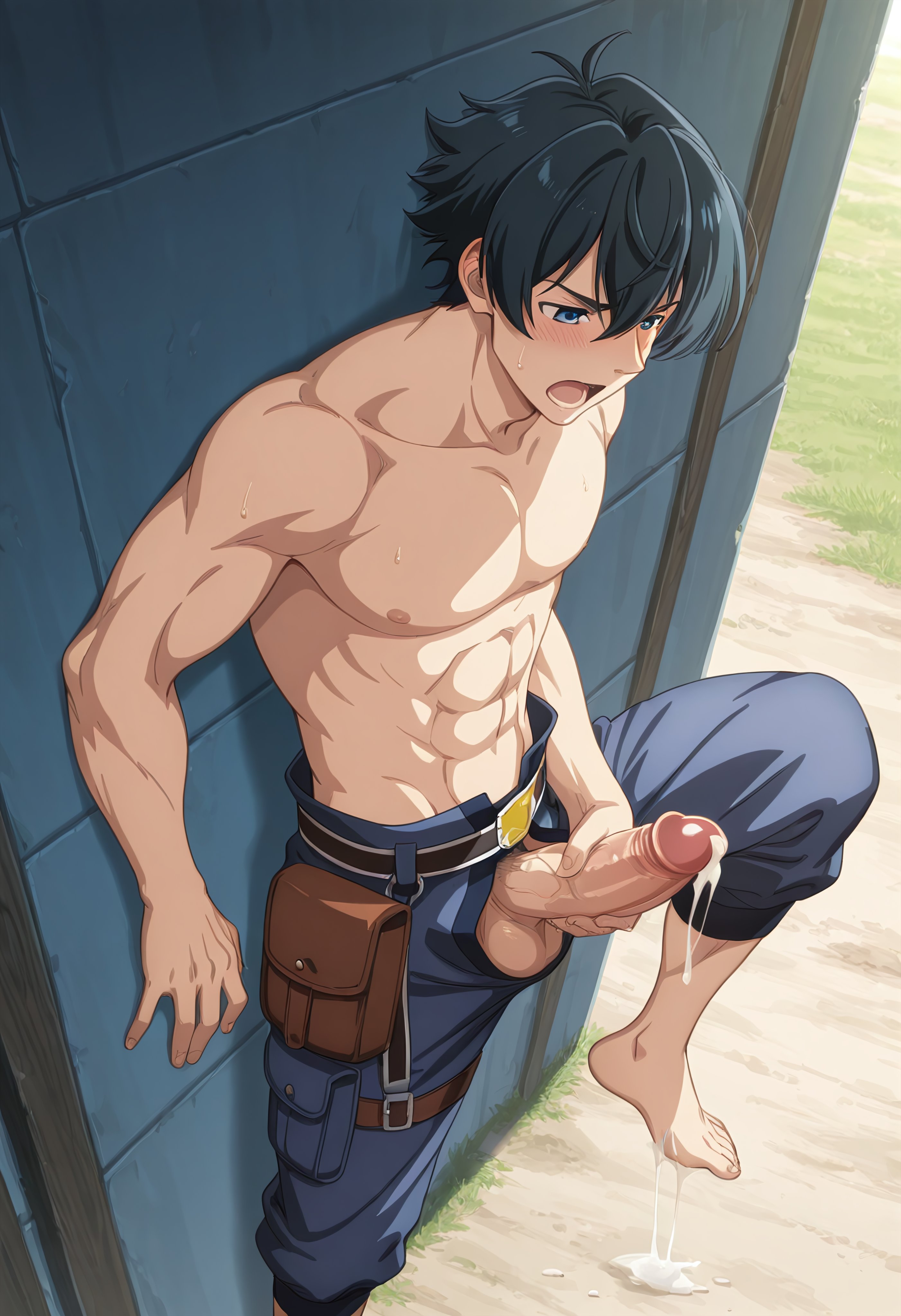 1boy, ai generated, bara, male, male focus, male only, masturbation, shangri-la frontier, snackji, sunraku, yaoi