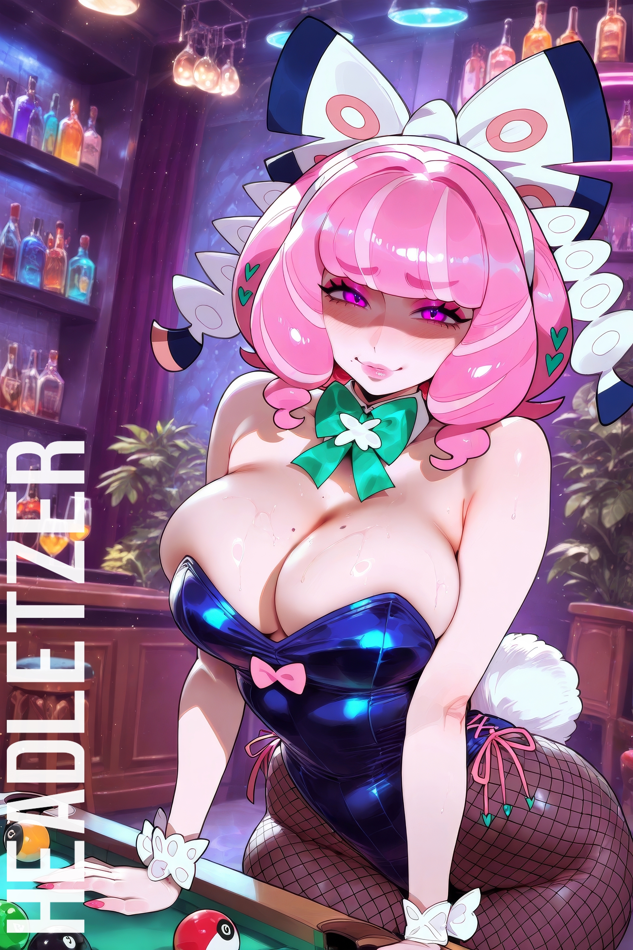 ai generated, billiard table, bunnysuit, club, female, fishnet legwear, headletzer, klara (pokemon), looking at viewer, pokemon, tagme