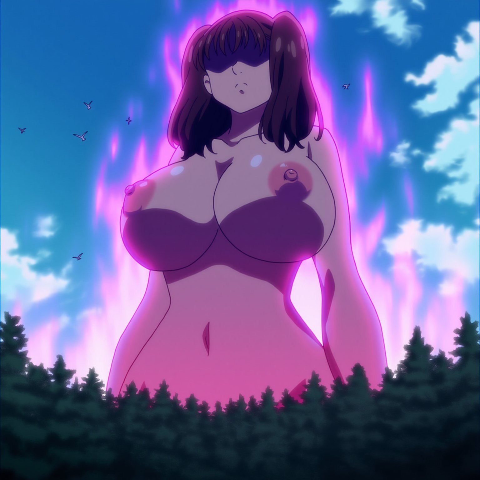 angry, aura, breasts, brown hair, diane (nanatsu no taizai), female, forest, giantess, hourglass figure, huge breasts, nanatsu no taizai, nipples, nude, nude female, tagme