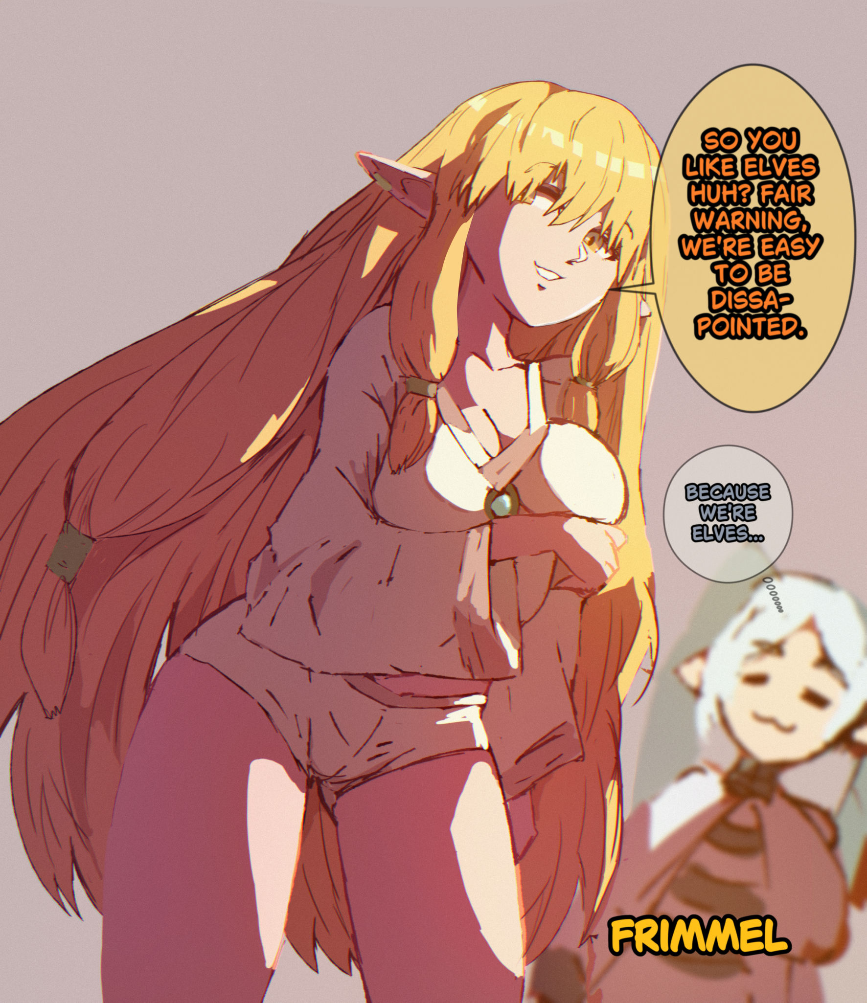 2girls, alternate breast size, artist name, blonde hair, breasts, cleavage, clothing, elf, elf ears, elf female, english text, female, female focus, female only, frieren, frimmel, grey background, hair over eyes, light skin, light-skinned female, long hair, pointy ears, serie (sousou no frieren), simple background, sousou no frieren, speech bubble, talking to viewer, text, thick thighs, thighs, yellow eyes