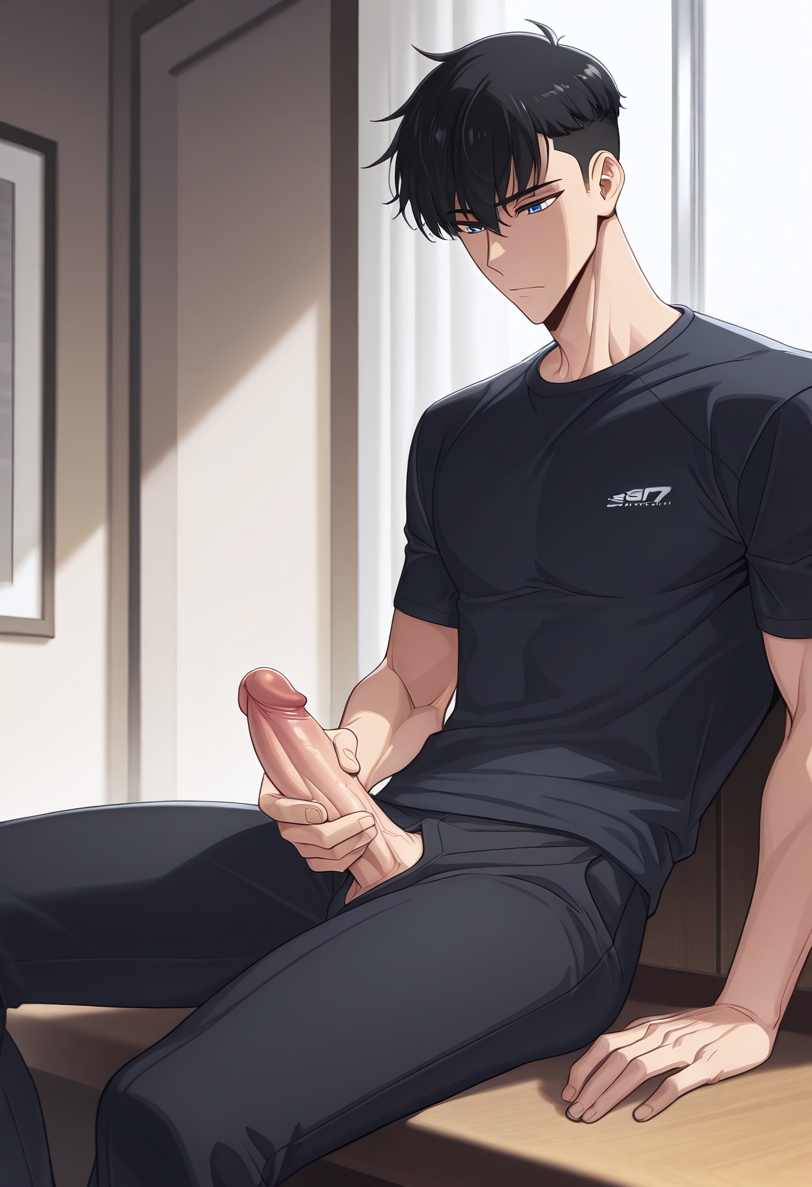 1boy, ai generated, bara, clothed masturbation, male, male focus, male only, masturbation, penis, penis through fly, snackji, solo leveling, sung jin woo, yaoi
