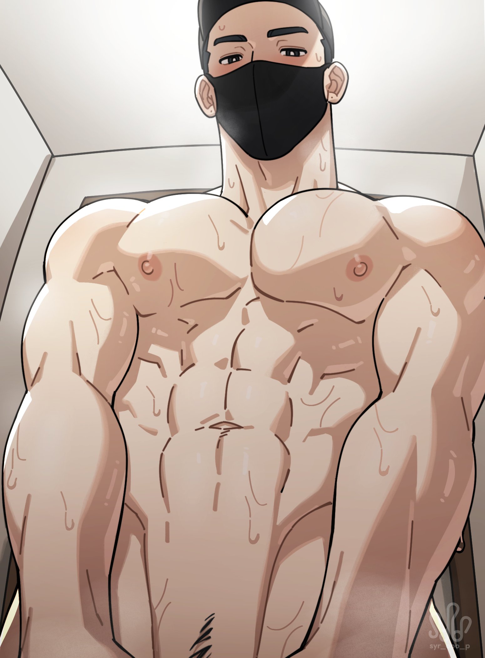 1boy, abs, blush, gay, gay male, looking at viewer, male, mask, muscular, muscular male, navel, nipples, nude, nude male, original, original character, pov, sweat, syrop, tagme, yaoi