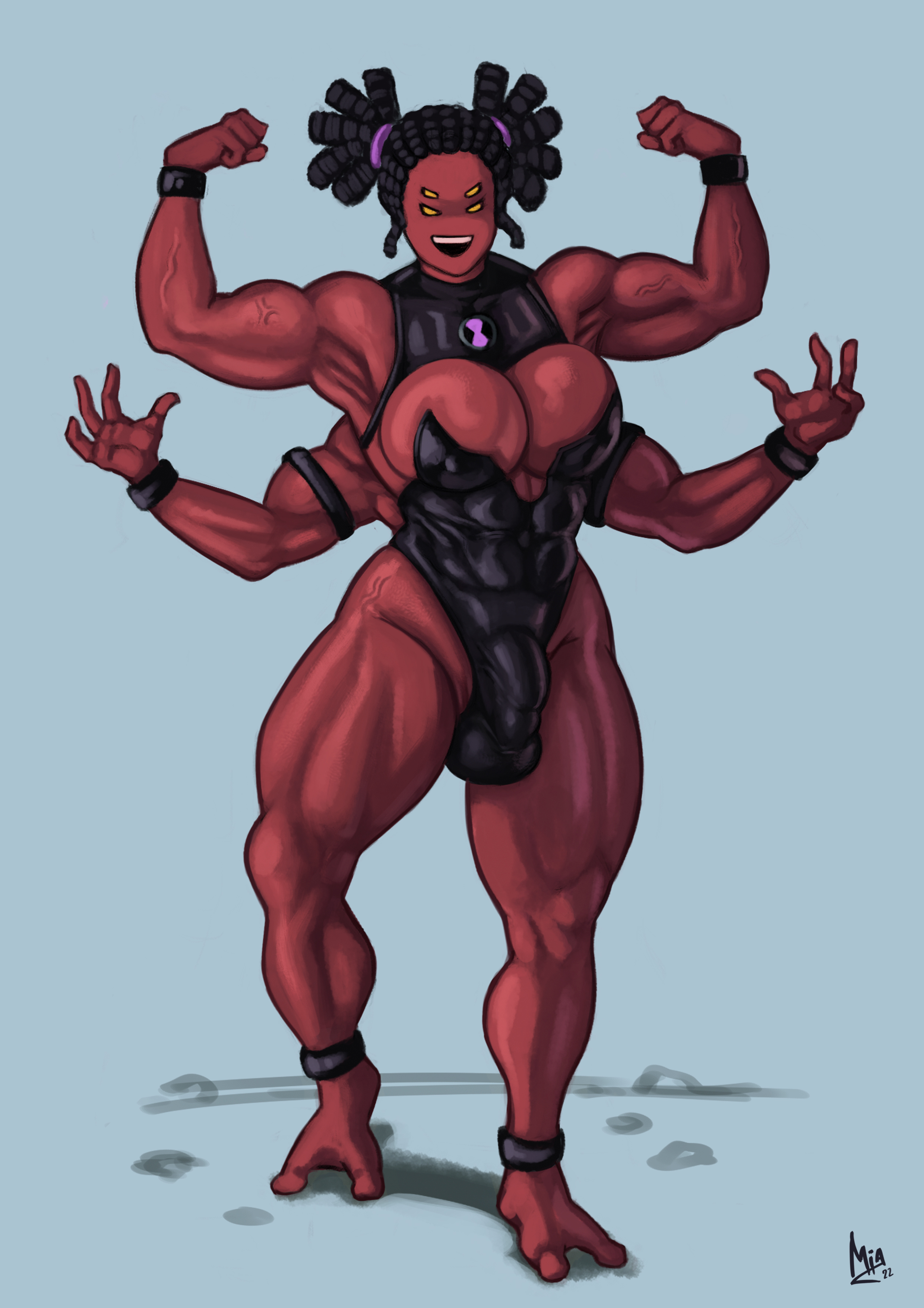 1futa, 4 arms, alien, ben 10, big breasts, black hair, breasts, bulge, bulge through clothing, chaquetrix, futanari, intersex, mianno, multi arm, multi limb, muscular, muscular futa, red skin, solo, tetramand