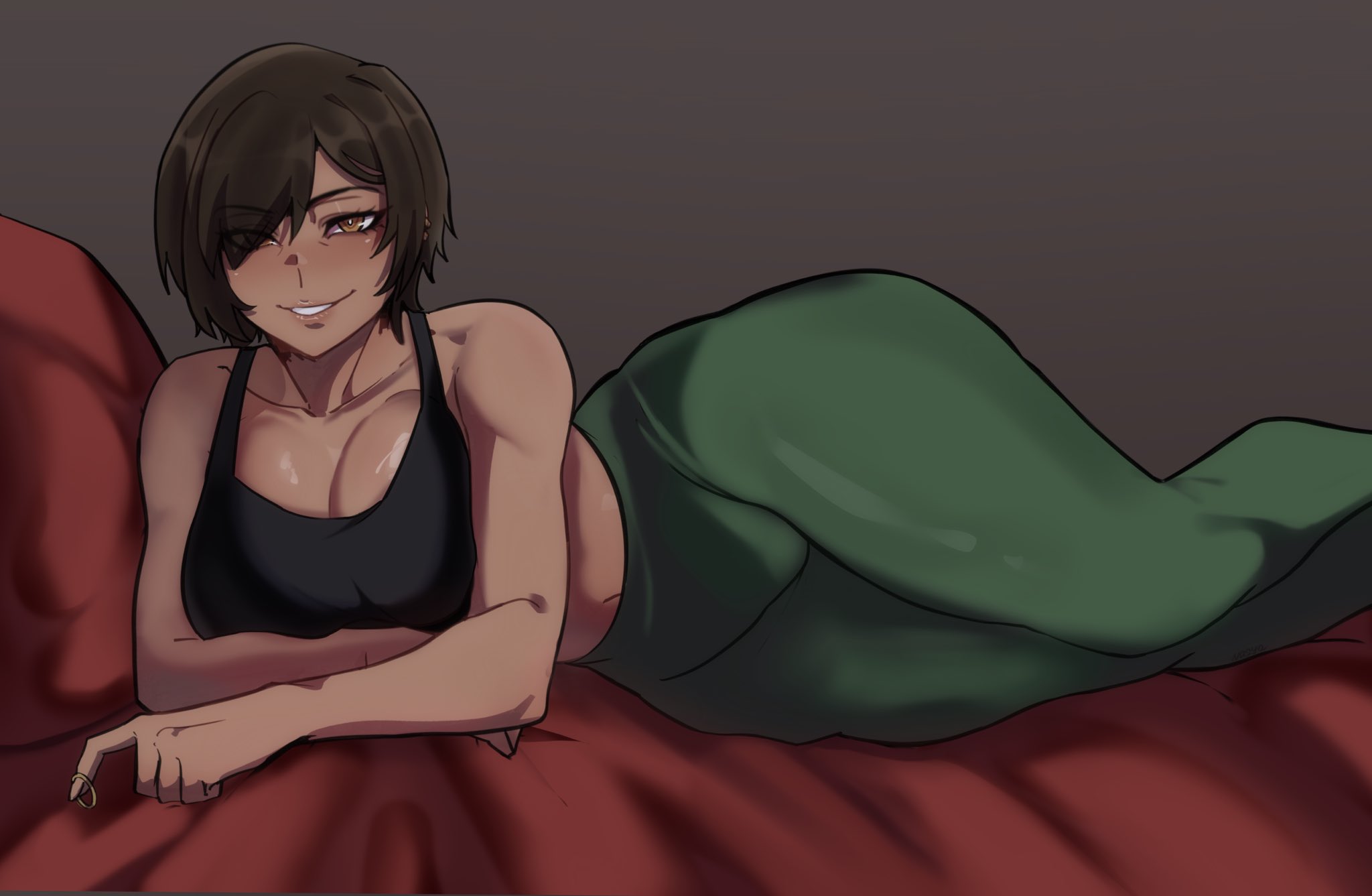 ass, breasts, dark skin, dark-skinned female, female, female only, huge ass, huge breasts, leggings, limbus company, nasya ns, on bed, outis (limbus company), project moon, sexy, sexy pose, short hair, smile, tank top, thick thighs