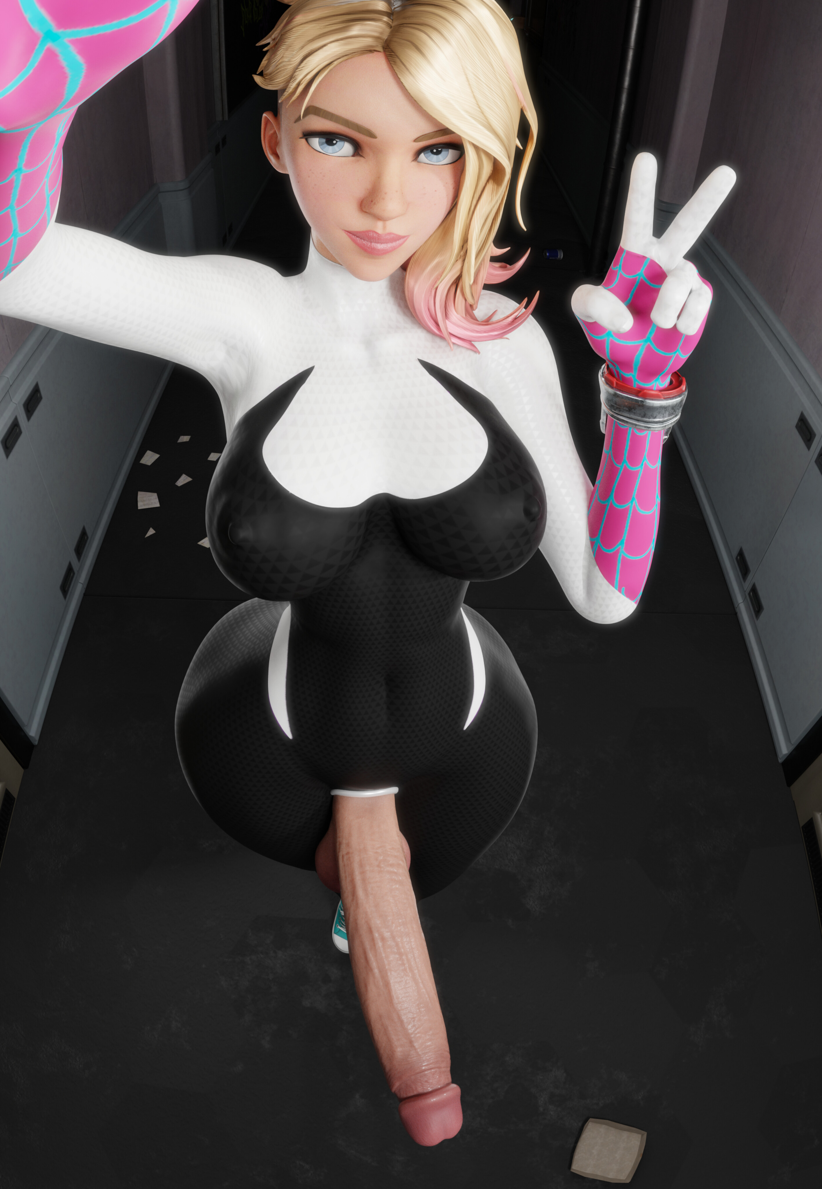 1futa, 2024, 3d, 3d (artwork), 3d model, alternate version available, balls, big balls, big breasts, big thighs, blender, blonde futa, blonde hair, blue eyes, bodysuit, breasts, cellphone, cock, curvy, curvy body, curvy figure, dickgirl, erect nipples under clothes, erect penis, eye contact, full body suit, full color, futa focus, futa only, futadom, futanari, gwen stacy, gwen stacy (spider-verse), hard penis, hd, high quality, high resolution, highres, horny, horny futa, huge breasts, huge cock, intersex, large thighs, looking at viewer, marvel, marvel comics, naughty, nipples, peace sign, penis, pleasure face, seducing, seductive, seductive body, seductive eyes, seductive look, seductive mouth, seductive pose, seductive smile, selfie, sensual, sexy, sexy body, short hair, skin tight, smile, smiling at viewer, spider-gwen, spider-man (series), spider-man: across the spider-verse, spider-man: into the spider-verse, thick body, thick hips, thick legs, thick lips, thick penis, thick thighs, thighhighs, tight clothing, tight suit, veiny penis, voluptuous, voluptuous body, voluptuous futa, zzzxxxccc