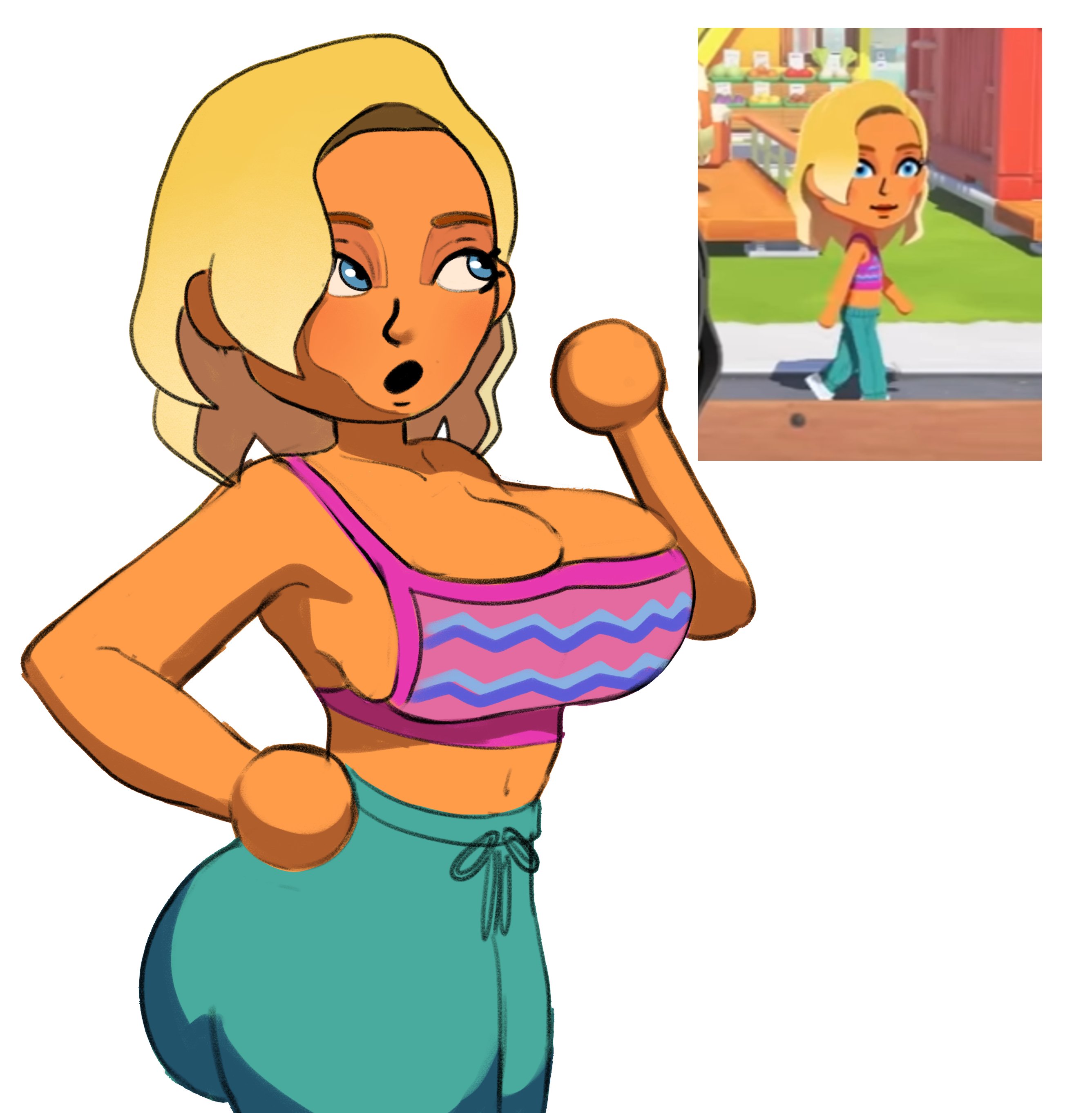 1girls, 2025, alice (tomodachi life), arm up, ass, barely contained breasts, big ass, big breasts, big butt, blonde female, blonde hair, blowjob gesture, blue eyes, breasts, crabtopus, female, huge ass, huge breasts, huge butt, looking up, make up, makeup, mii, mouth, mouth open, nintendo, reference image, screencap, short hair, tanned female, tanned skin, tight clothes, tight pants, tomodachi life, tomodachi life: living the dream, yellow hair