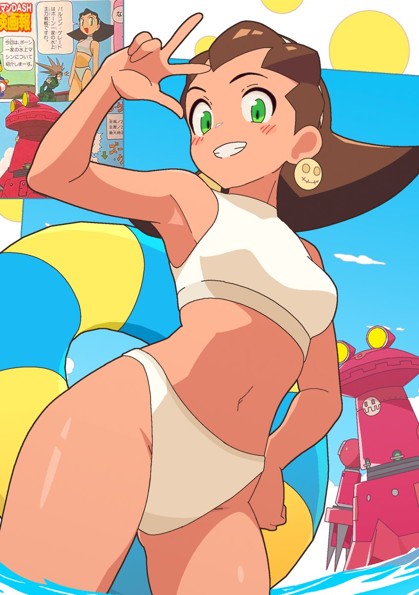 female, green eyes, mega man, mega man legends, midriff, navel, smile, swimsuit, tron bonne