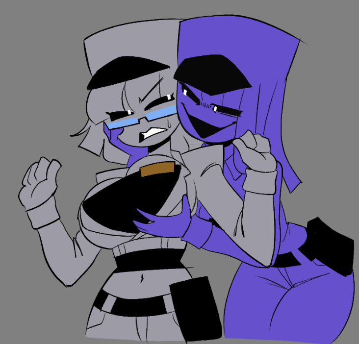 2d, 2d (artwork), 2d artwork, 2girls, angry, angry face, breasts, cleavage, female, five nights at freddy's, fnaf, fondling, fondling breast, grey hair, grey skin, grin, hailey emily, happydn, henry emily, huge breasts, looking at another, looking at partner, milf, purple girl, purple guy (fnaf), purple hair, purple skin, rule 63, security guard, security uniform, smile, sqwunx (artist), touching breast, wendy afton, wendy afton (sqwunx design), william afton, yuri