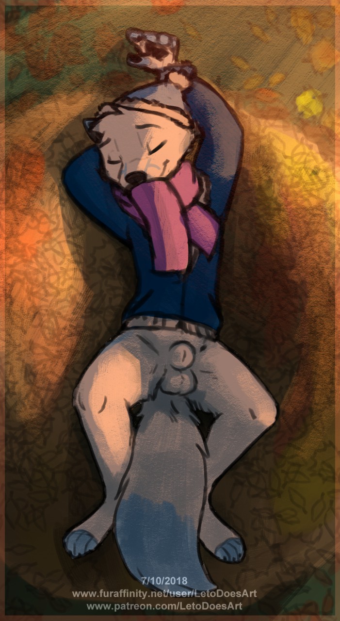 animal_genitalia anthro arctic_fox autumn balls bottomless canine clothed clothing fox fully_sheathed hat leto_(letodoesart) letodoesart male male_only mammal scarf sheath solo sweater