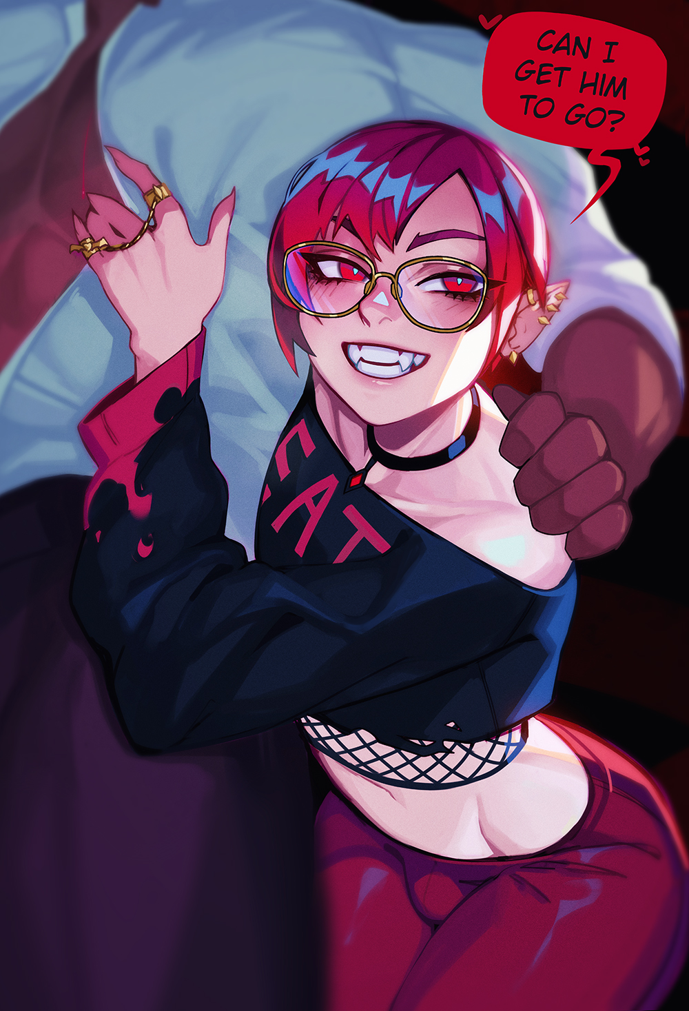 black_guy blush bulge collar earrings femboy glasses jacket qt0ri red_eyes red_hair red_thong short_hair sin_(qt0ri) small_penis vampire