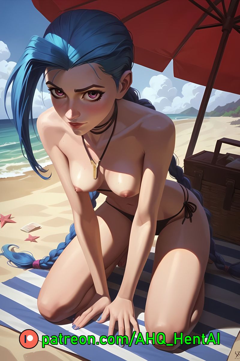 ahq_hentai ai_generated arcane arcane_jinx beach blue_hair blush breasts exposed_breasts jinx_(league_of_legends) league_of_legends nipples nsfw pink_eyes shy sitting stable_diffusion