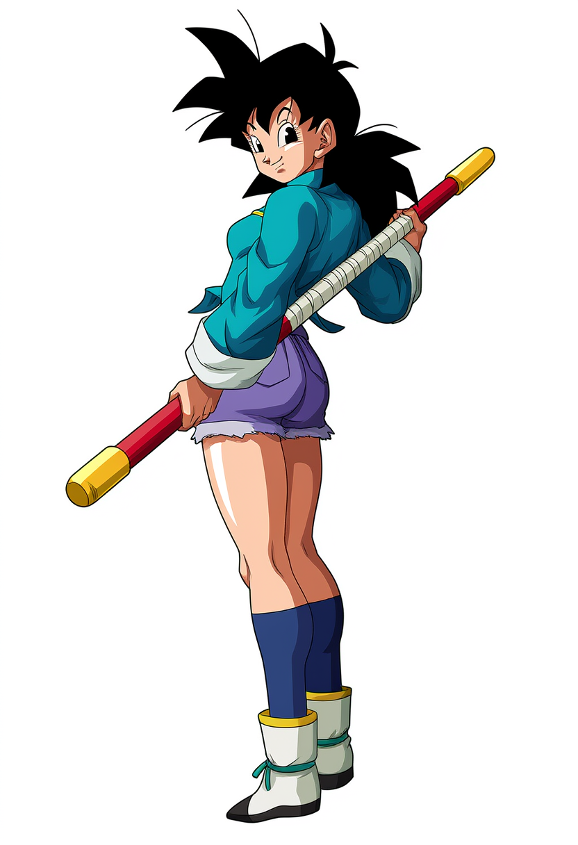 1girls ai_assisted ai_generated ass ass_focus black_eyes black_hair bo_staff breasts dragon_ball_z genderswap_(mtf) joke_art kneesocks long_hair self_upload selvokaz short_shorts smile son_goten son_gotena