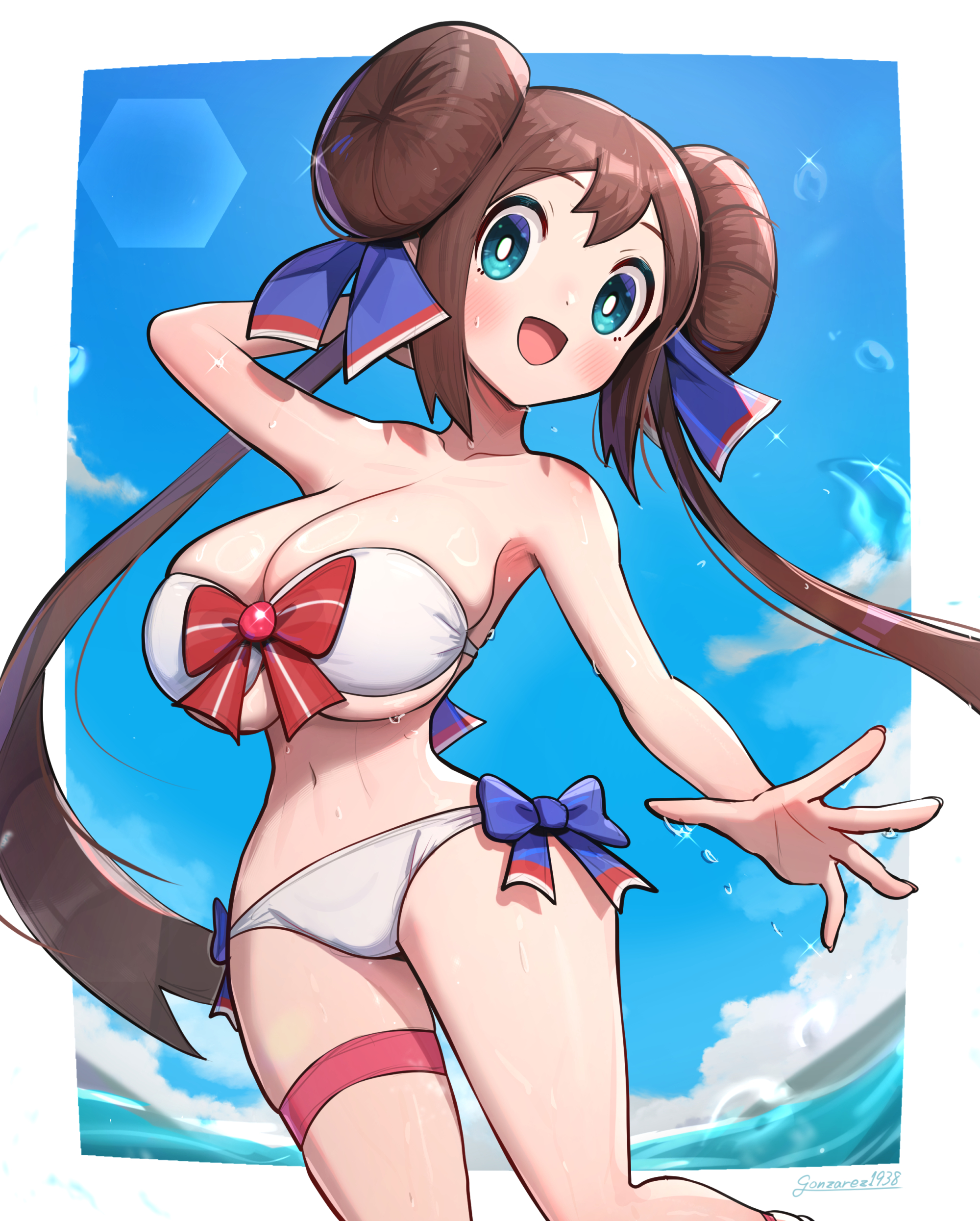 1girls, absurdres, alternate costume, bikini, breasts, brown hair, donut hair bun, female, female only, game freak, gonzarez, hair bun, highres, large breasts, mei (pokemon), nintendo, outdoors, pokemon, pokemon bw2, pokestar studios, rosa (pokemon), solo, swimsuit, swimsuit under clothes