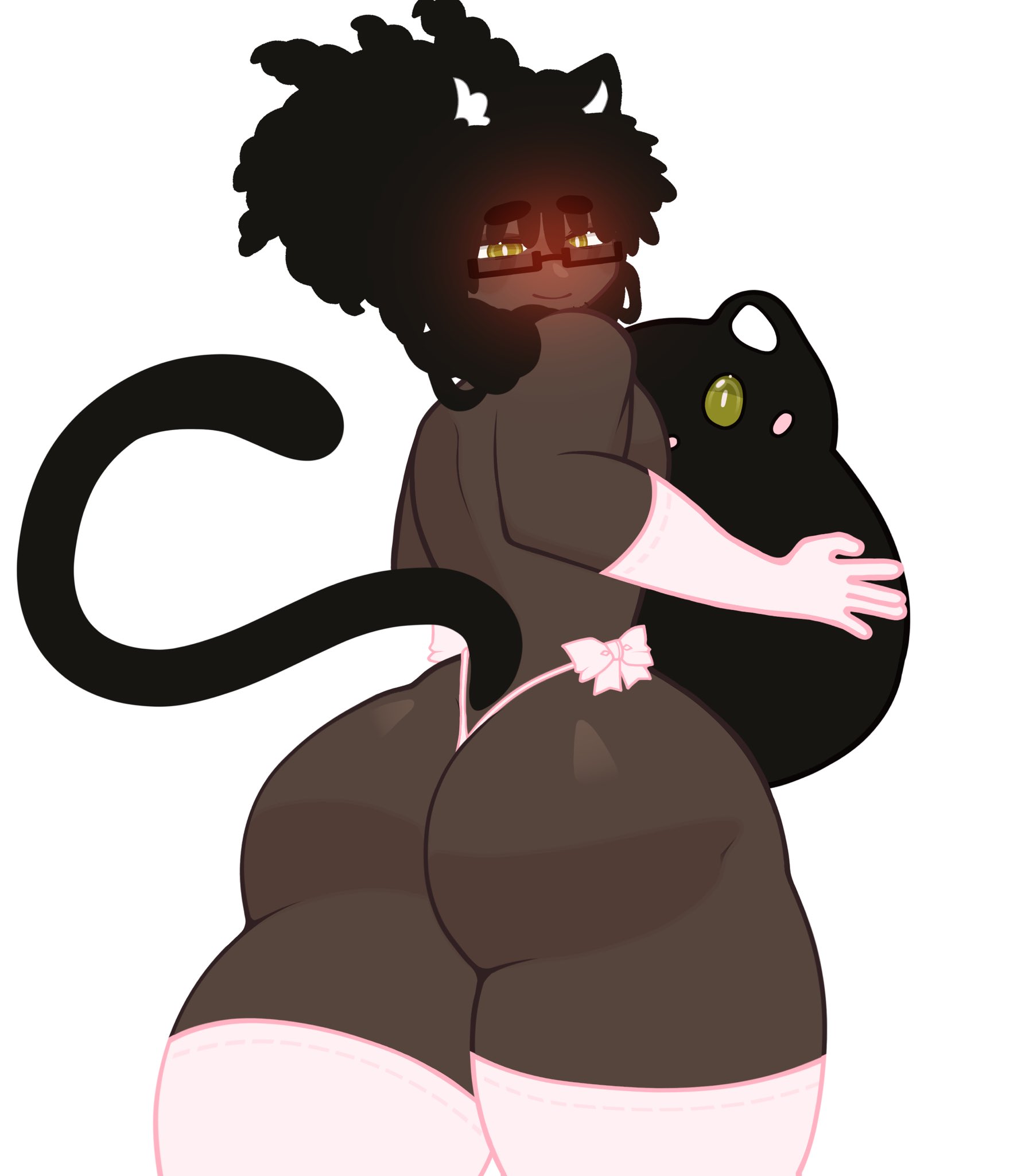 1boy, black hair, blush, bow, dark skin, dark-skinned femboy, fumiieros, gacha, glasses, gloves, male, sissy, tagme, tail, thighhighs