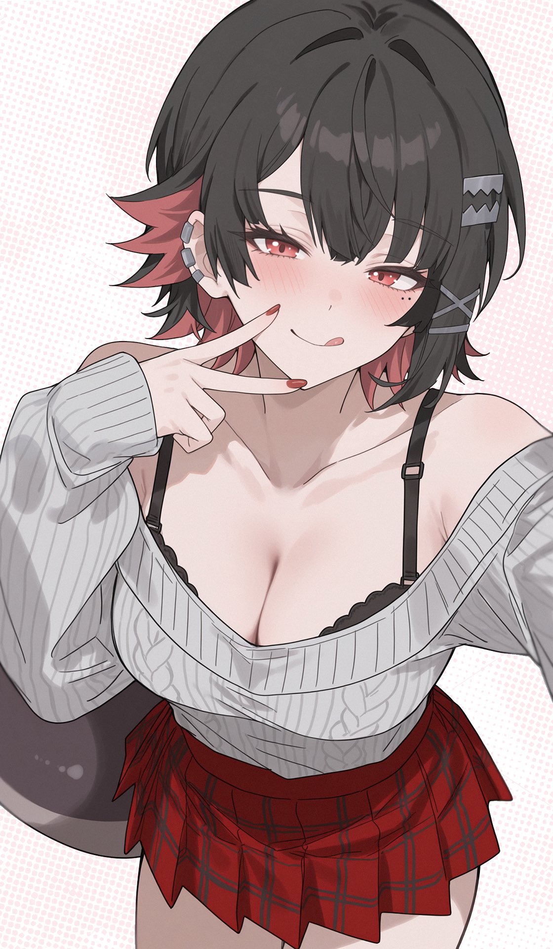 1girls black_hair blush bra bra_strap breasts casual cleavage ear_piercing ellen_joe female fully_clothed large_breasts punk punk_girl selfie shark_girl shark_tail short_hair skirt solo sweater zenless_zone_zero