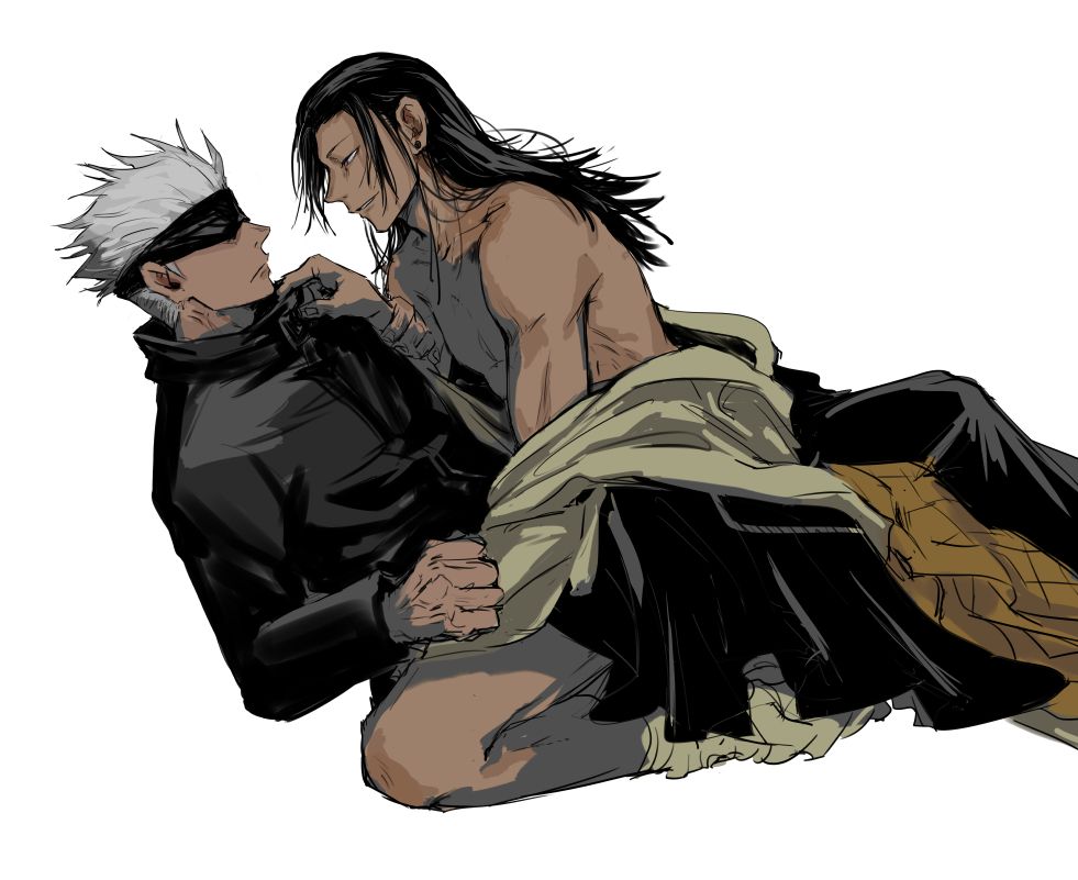 2boys black_hair_bottom blindfold gay getou_suguru gojou_satoru jujutsu_kaisen loose_clothes male male/male satoru_gojo straddling suguru_geto undressing white_hair white_hair_on_black_hair yaoi