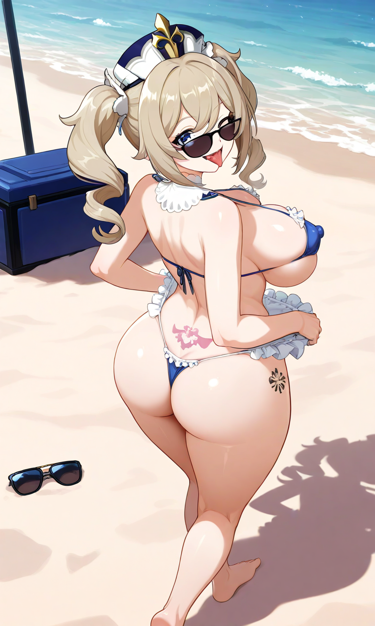 ai_generated ass ass_tattoo barbara_(genshin_impact) beach frills genshin_impact hentaihero27 micro_bikini nipples_bulge nipples_visible_through_bikini sunglasses tattoo tattoo_on_back tattoo_on_hips tongue_out