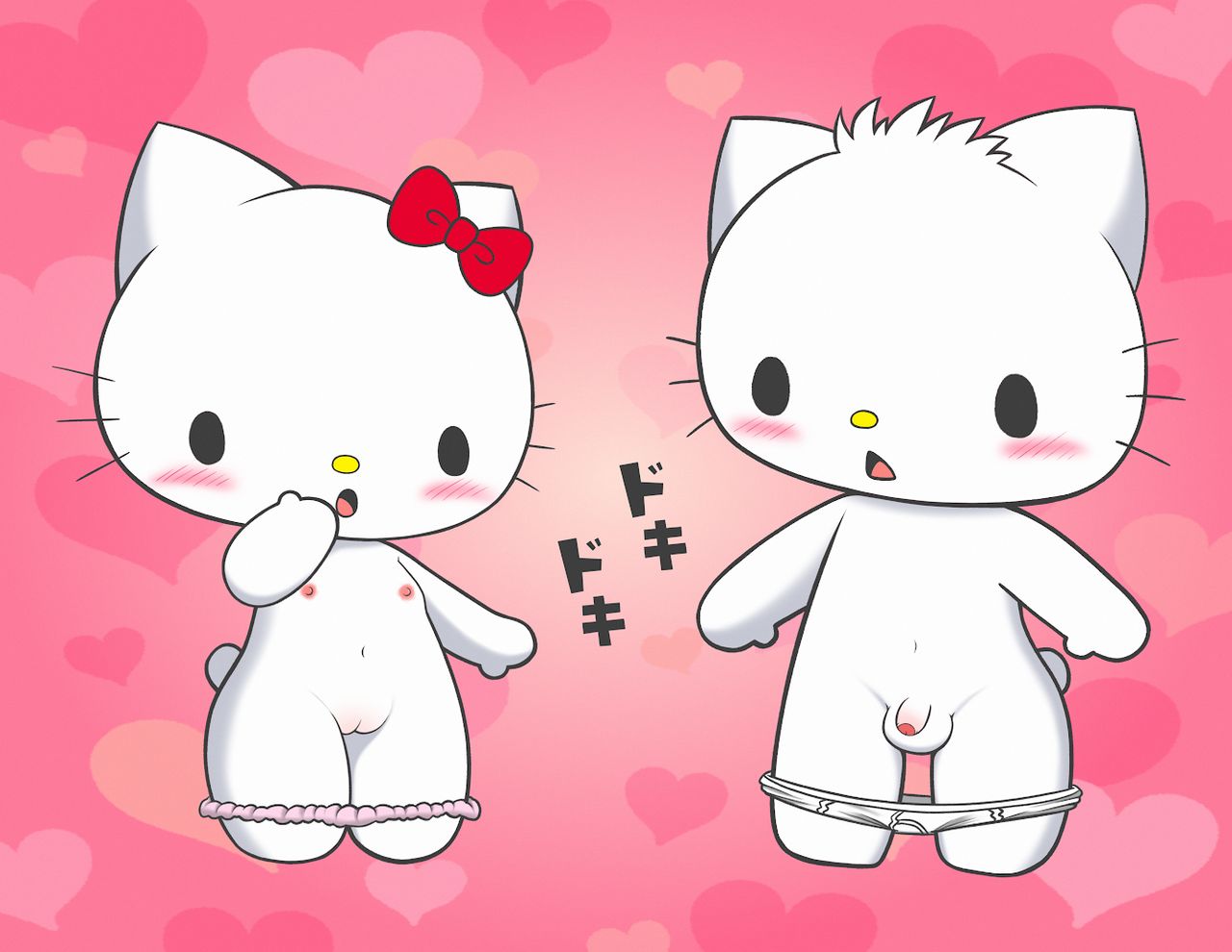 big_ears blush bow cute_girl cute_male hair heart_background hello_kitty hello_kitty_(character) innie_pussy looking_at_genitalia looking_at_partner no_shirt no_shoes open_mouth pink_background pussy_blush small_penis tail testicles underwear underwear_down white_body