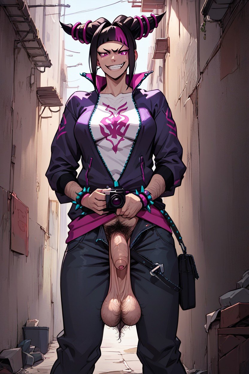 ai_generated alley camera flaccid foreskin futanari hairy hairy_balls juri_han pubic_hair saggy_balls smirk street_fighter uncut unzipped_pants zipper_down