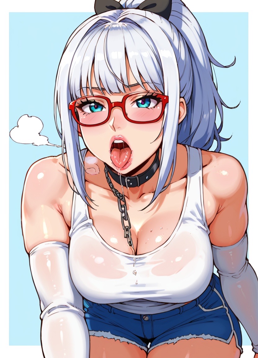 ai_generated ayase_seiko blush breasts dandadan grandmother hotload-8 looking_at_viewer mother mouth_hold open_mouth oral_invitation saliva short_jeans short_shorts tongue_out white_hair