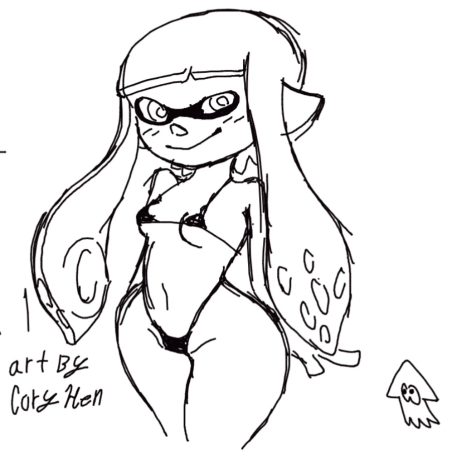 bikini cephalopod coryhen_(artist) inkling inkling_girl small_breasts splatoon squid tentacle tentacle_hair thick_thighs wide_hips