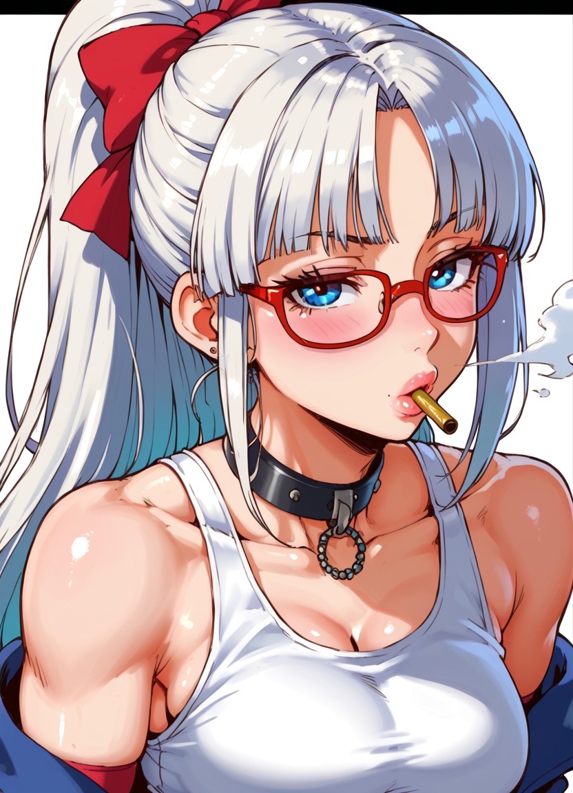 ai_generated ayase_seiko blue_eyes blush dandadan glasses grandmother hairbun hotload-8 looking_at_viewer red_glasses white_hair