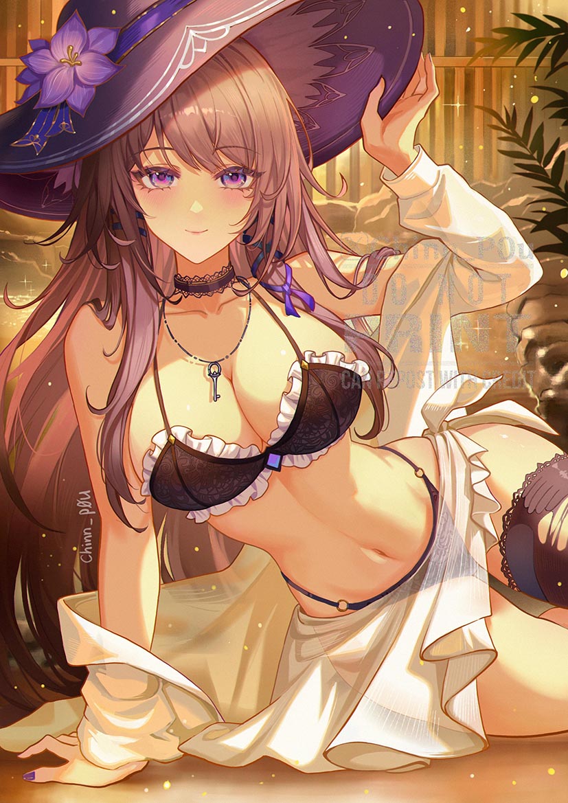 absurdres alternate_costume bare_shoulders bikini black_bikini black_choker black_thighhighs breasts check_clothing chinnpou choker closed_mouth collarbone female flower hair_ribbon hat hat_flower herta_(honkai:_star_rail) highres honkai:_star_rail honkai_(series) jewelry key key_necklace lace-trimmed_choker lace_trim large_breasts long_hair looking_at_viewer navel necklace purple_eyes purple_flower purple_ribbon ribbon single_thighhigh smile solo stomach swimsuit swimsuit_cover-up the_herta_(honkai:_star_rail) thighhighs thighs torn_clothes torn_thighhighs very_long_hair witch_hat