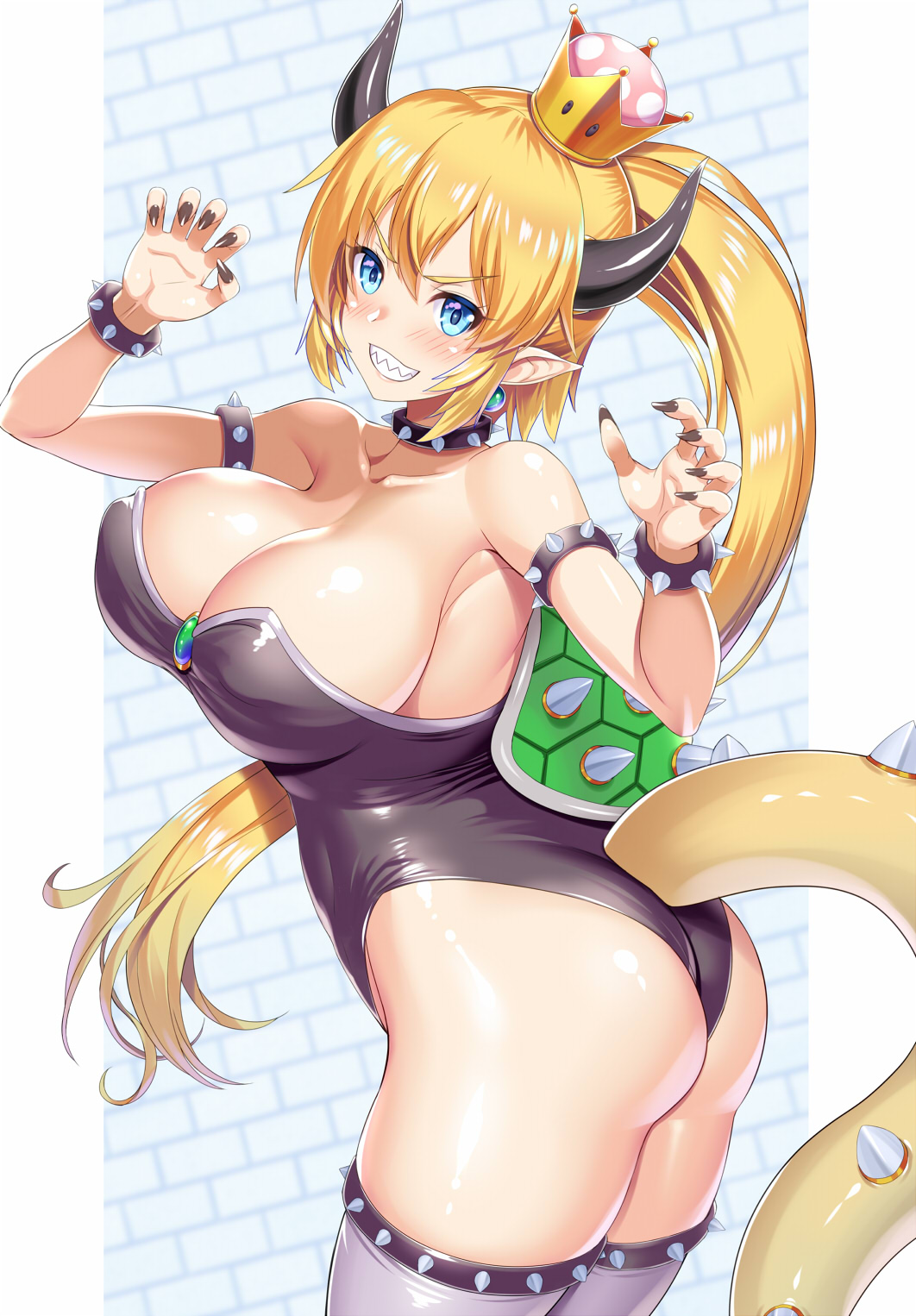 1girls 2d armpits ass big_breasts blonde_hair blue_eyes boobs_and_butt_pose bowsette breasts collar earring earrings eschergirl female female_only horns huge_breasts human humanoid kawase_seiki light-skinned_female light_skin long_hair looking_at_viewer mario_(series) new_super_mario_bros._u_deluxe nintendo pale-skinned_female pale_skin pointy_ears ponytail rule_63 sharp_claws sharp_fingernails sharp_nails solo spiked_armlet spiked_bracelet spiked_collar spiked_shell spiked_tail spiked_thighlet super_crown tail turtle_shell