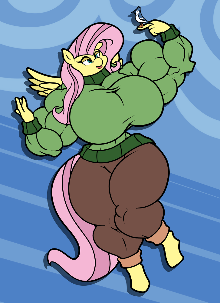 abs biceps big_breasts big_muscles bird breasts fluttershy_(mlp) hair huge_breasts large_breasts large_muscles muscles muscular muscular_arms muscular_female muscular_legs muscular_thighs my_little_pony my_little_pony_friendship_is_magic pecs pink_hair squeakimus sweater voluptuous