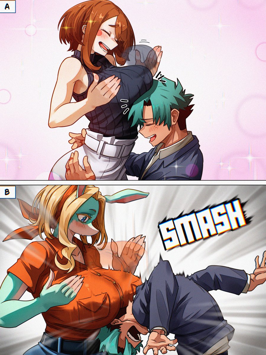1boy, 2girls, blonde hair, blue eyes, boku no hero academia, boobs, boobs bigger than head, boobs focus, breasts, breasts bigger than head, breasts focus, brown hair, clothed, clothing, deku, female, freckles, freckles on face, green hair, hetero, heterosexual, ippan josei, izuku midoriya, meme, midoriya izuku, my hero academia, no sex, no visible genitalia, non-human, ochako uraraka, straight, time skip, tits, tits bigger than head, tits focus, uraraka ochako, vlizz