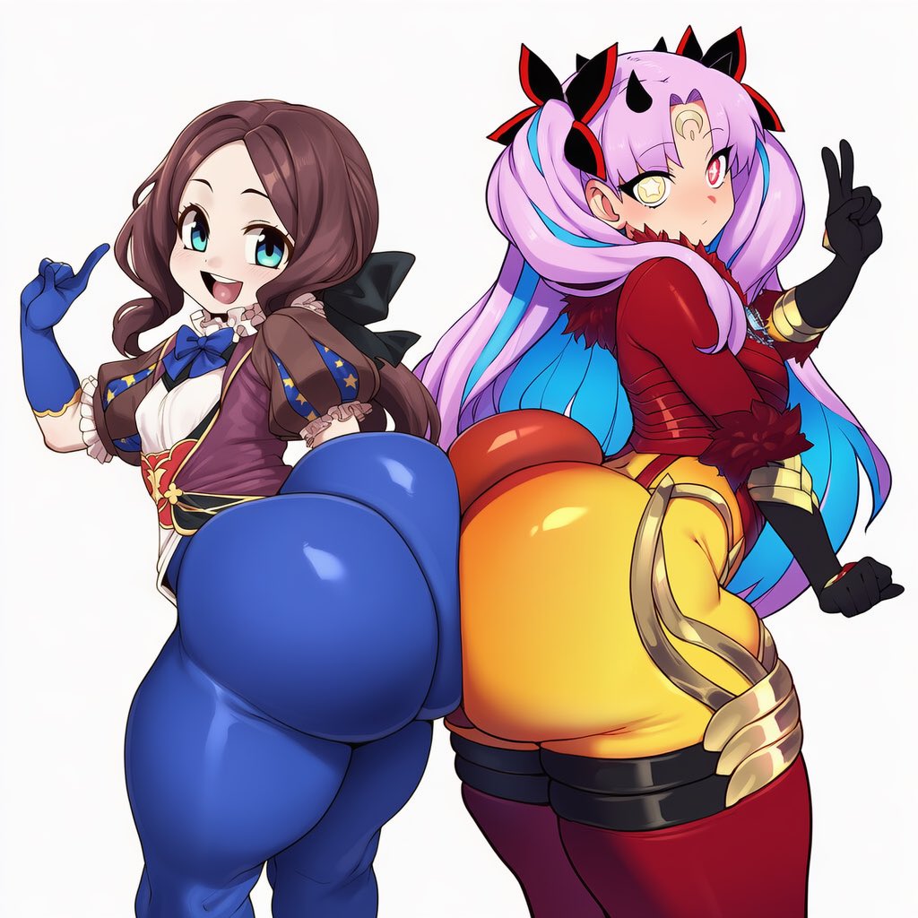 2girls, ai generated, ass, ass bigger than head, ass close-up, ass closeup, ass focus, ass to ass, big ass, big butt, blue eyes, blue gloves, blue hair, bodysuit, brown hair, butt, butt close-up, butt focus, close up, close up ass, close up view, close-up, close-up ass, closeup, closeup view, fate (series), fate/grand order, female, gloves, heterochromia, ishtar (fate), ishtar (fate) (all), ishtar (fate/grand order), leonardo da vinci (fate/grand order), looking at viewer, mochipawg, open mouth, peace sign, purple hair, smile, space ishtar (fate), space ishtar (fate/grand order), standing, thick thighs, two-tone hair, white background