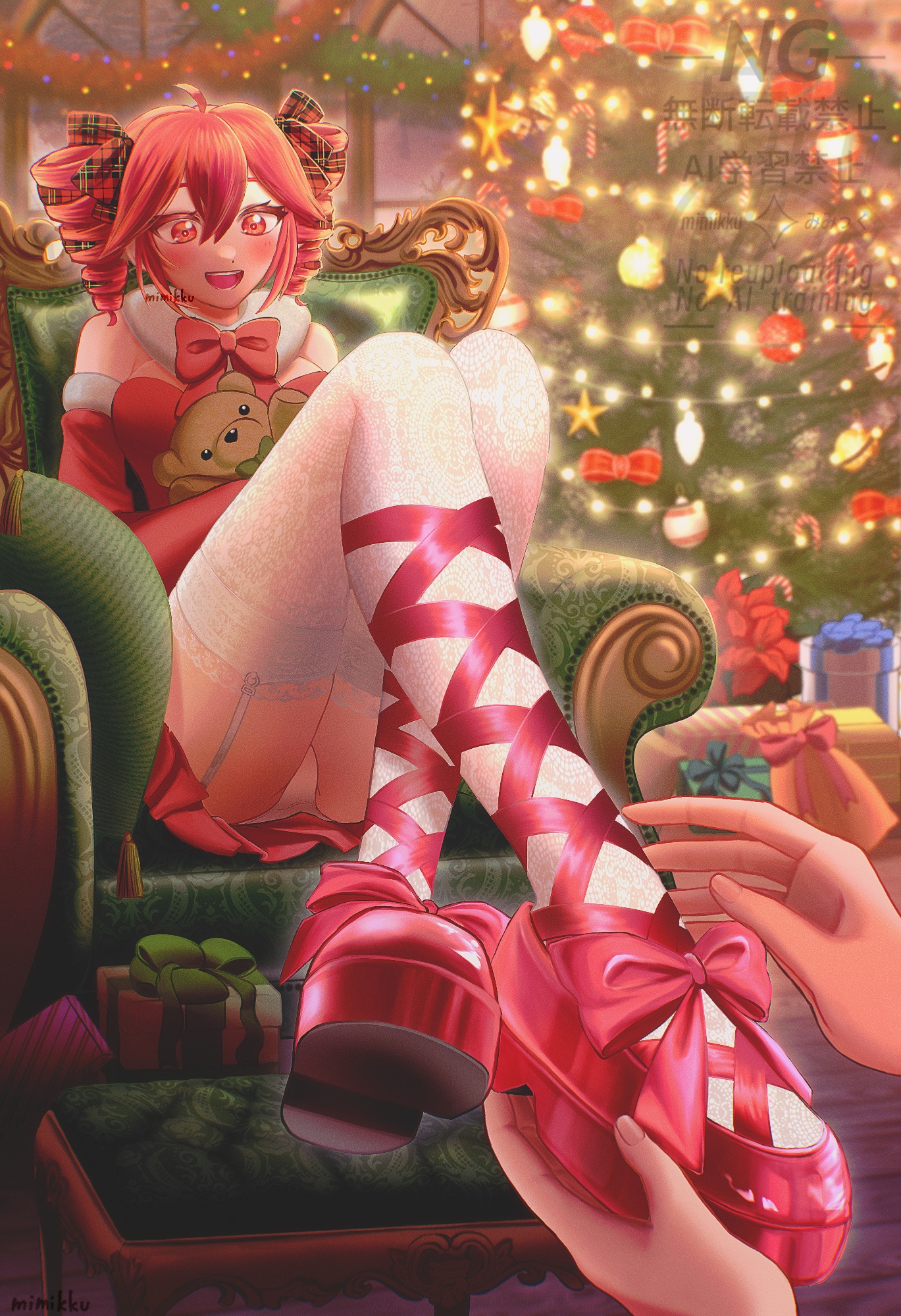 1girls, 2d, 2d (artwork), christmas, christmas outfit, female, frilled thighhighs, garter straps, holding foot, holding legs, kasane teto, mimikku, panties, pixiv, red eyes, red hair, thick thighs, thighhighs, thighs, twin drills, utau, white panties, wholesome