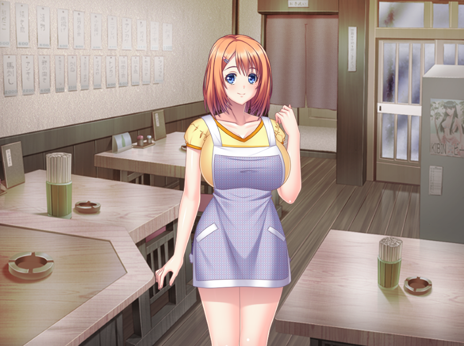 1girls apron breasts clothed clothed_female female female_only game_cg gigantic_breasts huge_breasts kyonyuu_shokudou_harami_teishoku massive_breasts mizunagi_moeno skirt solo_female