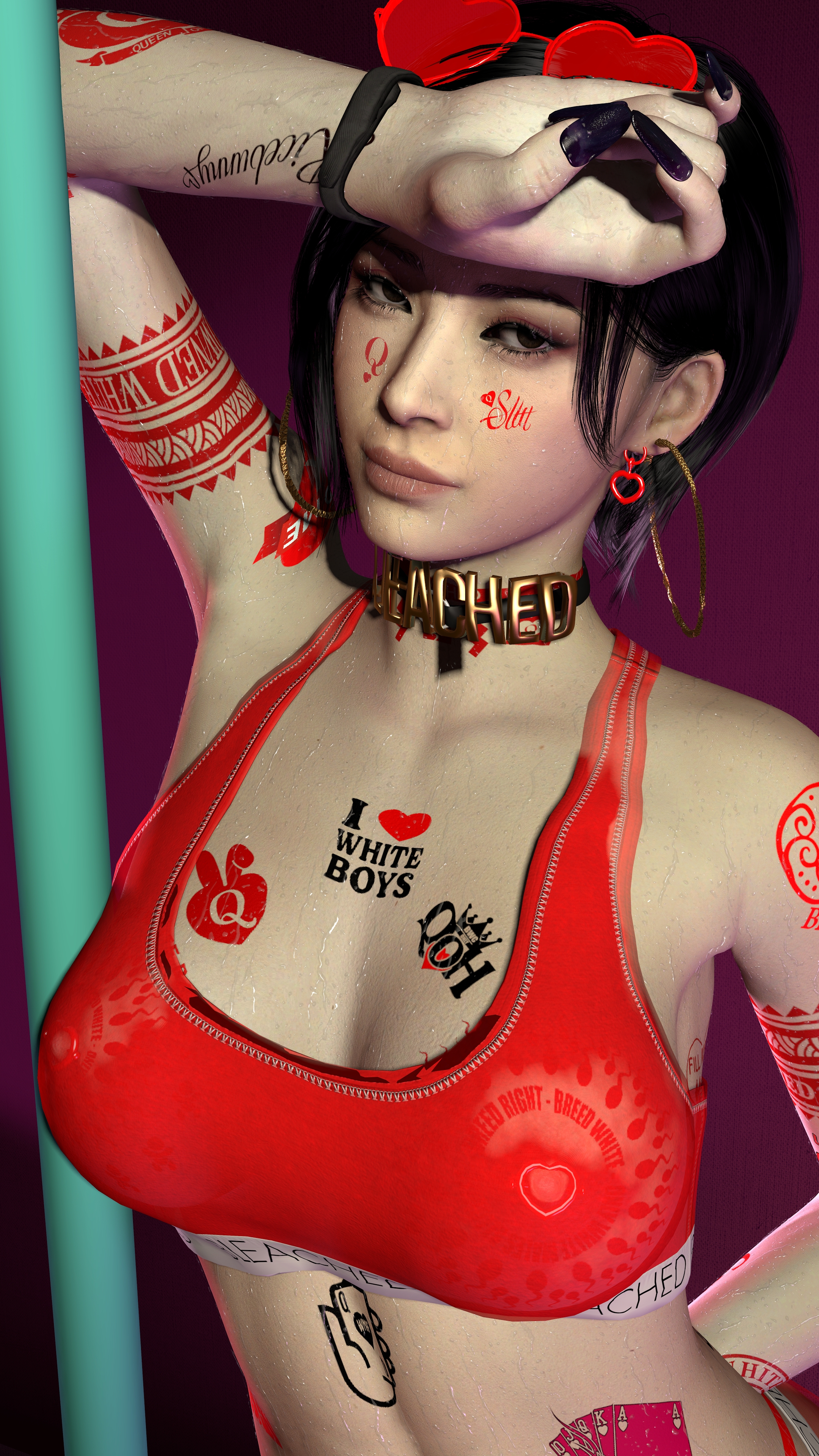3d, 3d (artwork), 3d model, 3d render, ada wong, asian, asian female, ass, ass focus, barefoot, bikini, black hair, black nails, bleached, bleached clothing, bleaching pov, body writing, breasts, breasts out, calvin klein, choker, cleavage, collar, curvy, curvy female, curvy figure, earrings, feet, female, heart earrings, heart glasses, heart sunglasses, hoop earrings, lingerie, looking at viewer, nipples visible through clothing, painted nails, pinup, pole, pole dancing, pose, posing, qoh, queen of hearts, queen of hearts earrings, queen of hearts necklace, queen of hearts tattoo, red lingerie, red sunglasses, resident evil, resident evil 4, ripped clothing, round ass, seductive, shiny skin, short hair, smile, soles, solo, solo female, sports bra, sweat, tagme, tattoos, tattoos everywhere, underboob, wet skin