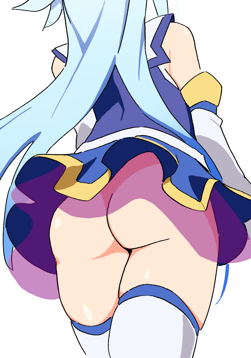 adult adult_female aqua_(konosuba) ass ass ass_cleavage ass_focus back bare_shoulders blue_eyebrows blue_hair blue_hair_female blue_skirt butt_crack butt_crack_outline detached_sleeves facing_away female from_behind head_out_of_frame knee_socks kneesocks kono_subarashii_sekai_ni_shukufuku_wo! legwear long_hair mature mature_female miniskirt no_panties noyama_takenoko overknees simple_background skindentation skirt solo stockings thigh_highs thighhighs useless_goddess very_long_hair white_background white_knee_socks white_legwear white_stockings white_thigh_highs white_thighhighs zettai_ryouiki